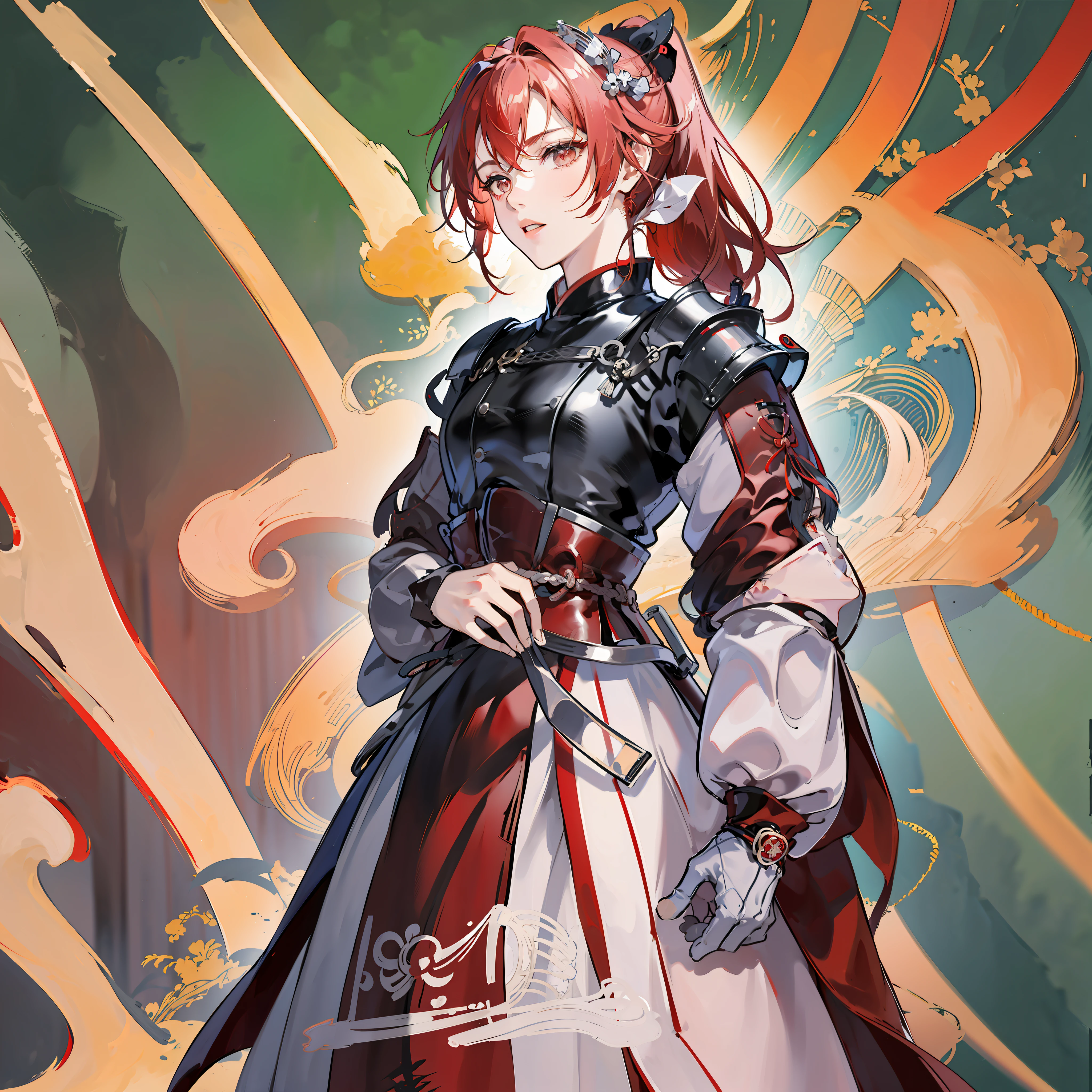 Character design, Japanese samurai, beautiful girl, red and black taikyo, red and black color scheme, light armor, cloth clothes, single ponytail, standing posture --auto --s2