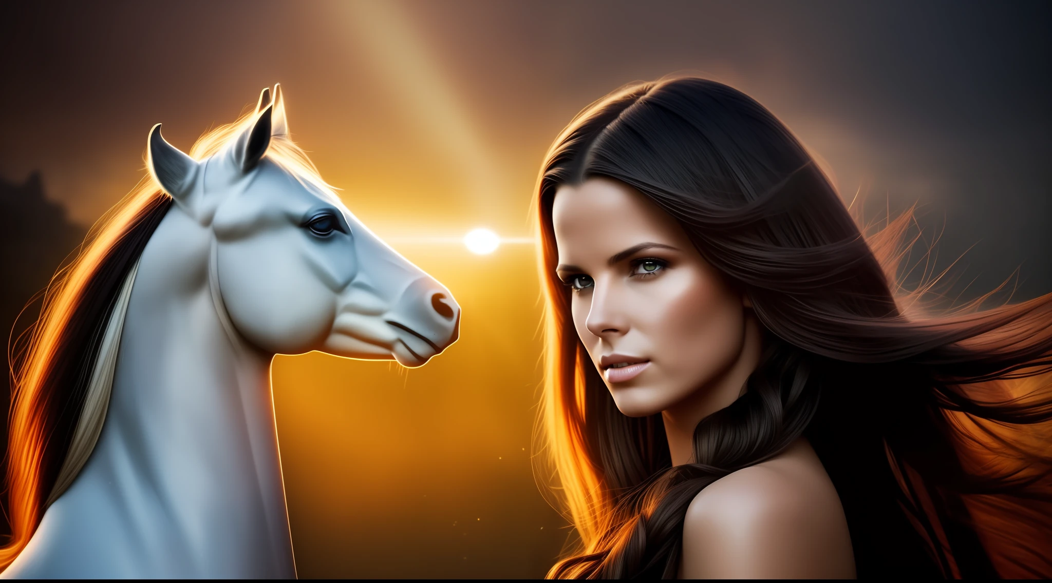 Create a drawing of a horse head-shaped fountain with water spouting from its mouth. Largo da Ordem in Curitiba. Black sky with heavy fog. Completely empty streets, devoid of any people. Medieval architecture. A square featuring a central concrete horse's head fountain spouting water. Kate Beckinsale 0.5), hazelnut eyes (with incredibly intricate, ultra-detailed, CG, 8k wallpaper, long black hair), (masterpiece), (realistic), (photorealistic: 1.2), (raw photo: 1.2), (best quality: 1.2), (detailed face: 1.4), (beautifully detailed eyes: 1.2), (elaborate hair), light-lit face, huge file size, dramatic cinematic lighting. rays of light emanating from his hands, strong and striking expression. She has fair skin, very smooth and thin, very straight hair, extremely long hair, super dark hair.
