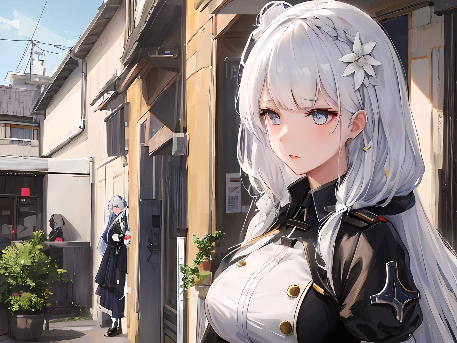 anime girl with long white hair and black dress standing in front of a building, girls frontline cg, from girls frontline, from the azur lane videogame, girls frontline style, characters from azur lane, fine details. girls frontline, girl with white hair, girls frontline, girls frontline universe, ayaka genshin impact, perfect white haired girl, azur lane style