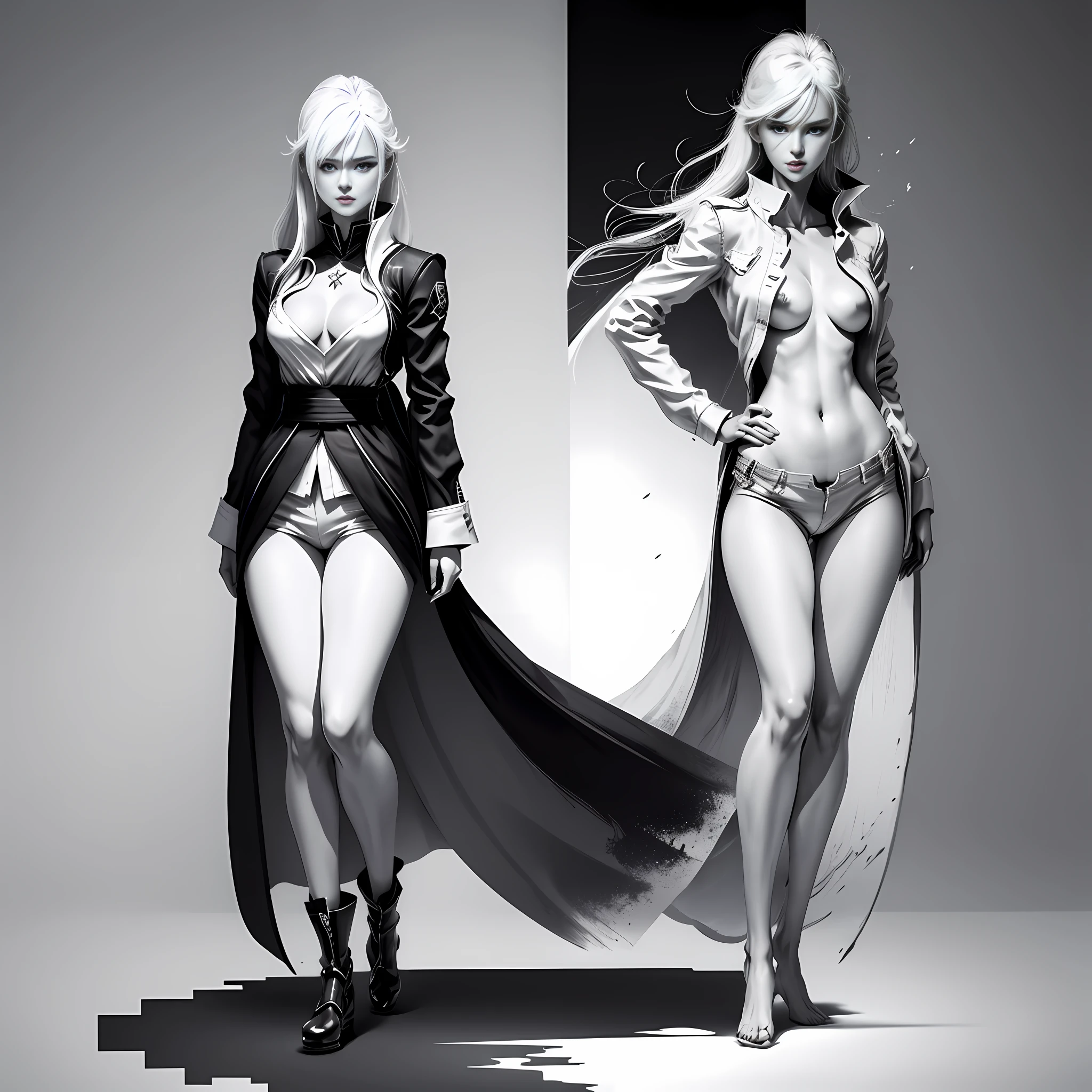 Masterpiece, Japanese manga master work, grayscale, monochrome sketch, sketch art, freehand ink art, bold brush strokes, brilliant creativity, 1girl, full body, white hair, delicate facial features, glowing eyes, uniform, E cup, long legs, parted lips, full body details, anime beauty, realistic night, realistic full body light and shadow, hazy light, fantasy world