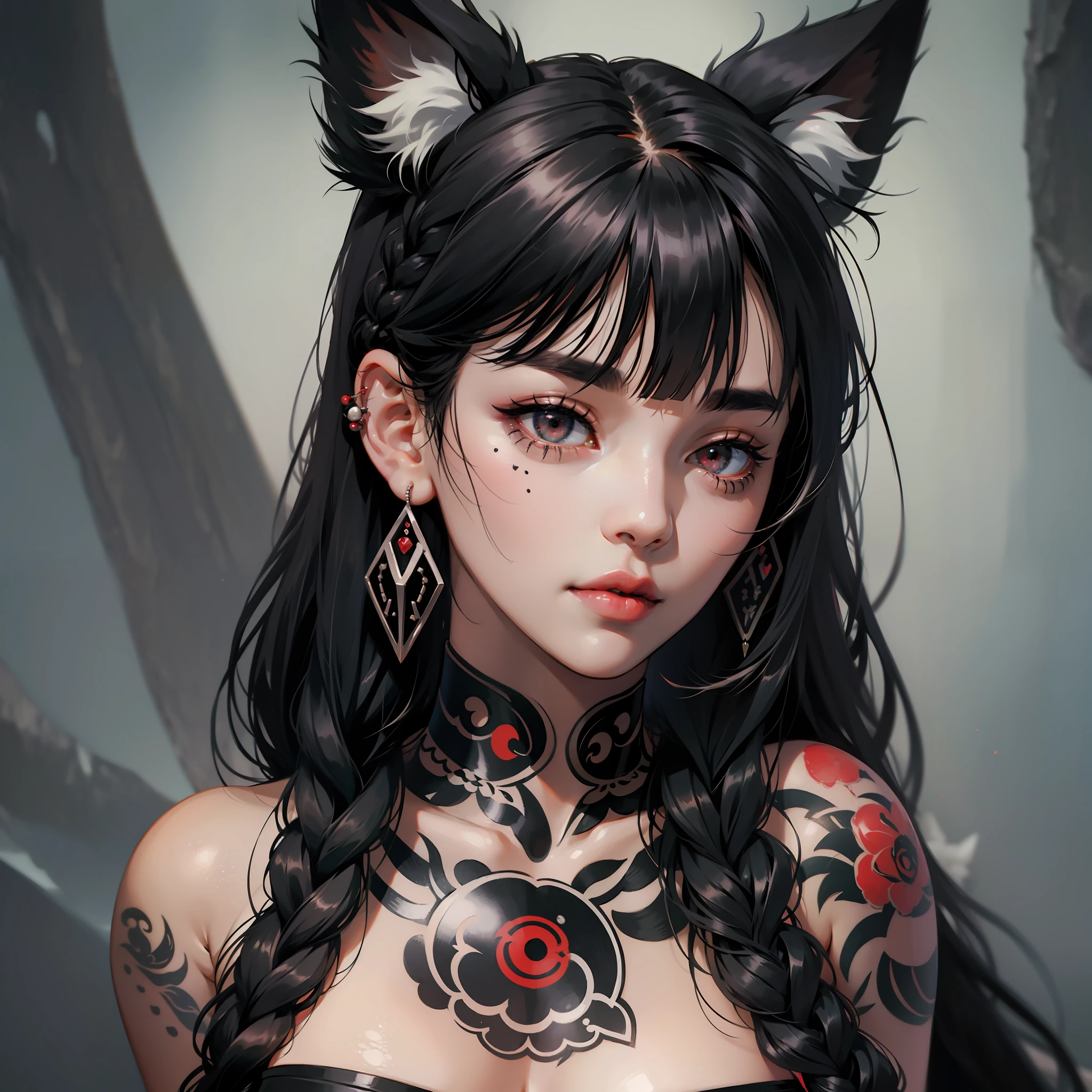 an anime woman with black and white tattoos and a large eye, and tattoos, 1girl, solo, breasts, red eyes, tattoo, animal ears, black hair, braid, long hair, looking at viewer, earrings, jewelry, animal ear fluff, parted lips, piercing, bangs