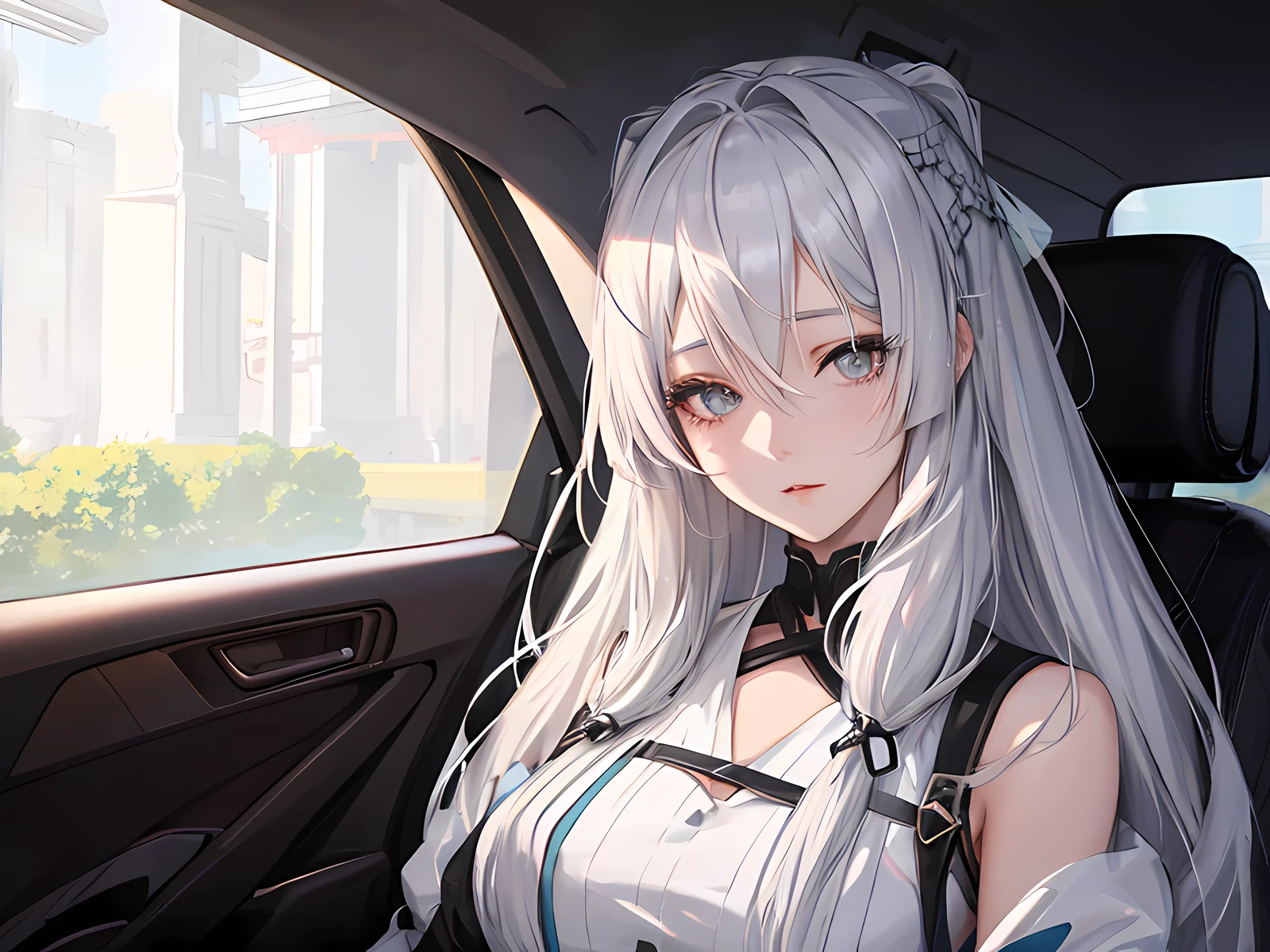 anime girl with long gray hair sitting in a car, smooth anime cg art, beautiful anime portrait, detailed digital anime art, girl with white hair, realistic anime artstyle, anime visual of a cute girl, perfect white haired girl, digital anime illustration, high quality anime artstyle, beautiful anime girl, anime moe artstyle, from girls frontline, anime style 4 k