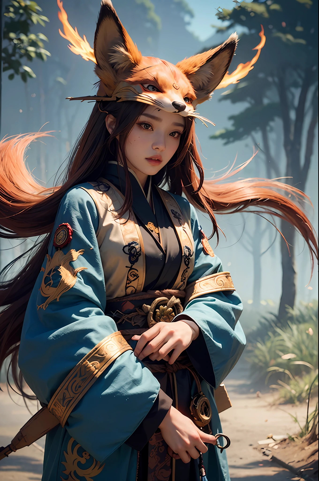 1girl,solo,
official art, unity 8k wallpaper, ultra detailed, beautiful and aesthetic, beautiful, masterpiece, best quality,
Kitsune witch, fox mask, haori jacket, foxfire spell, fox familiar, transformation,depth of field,