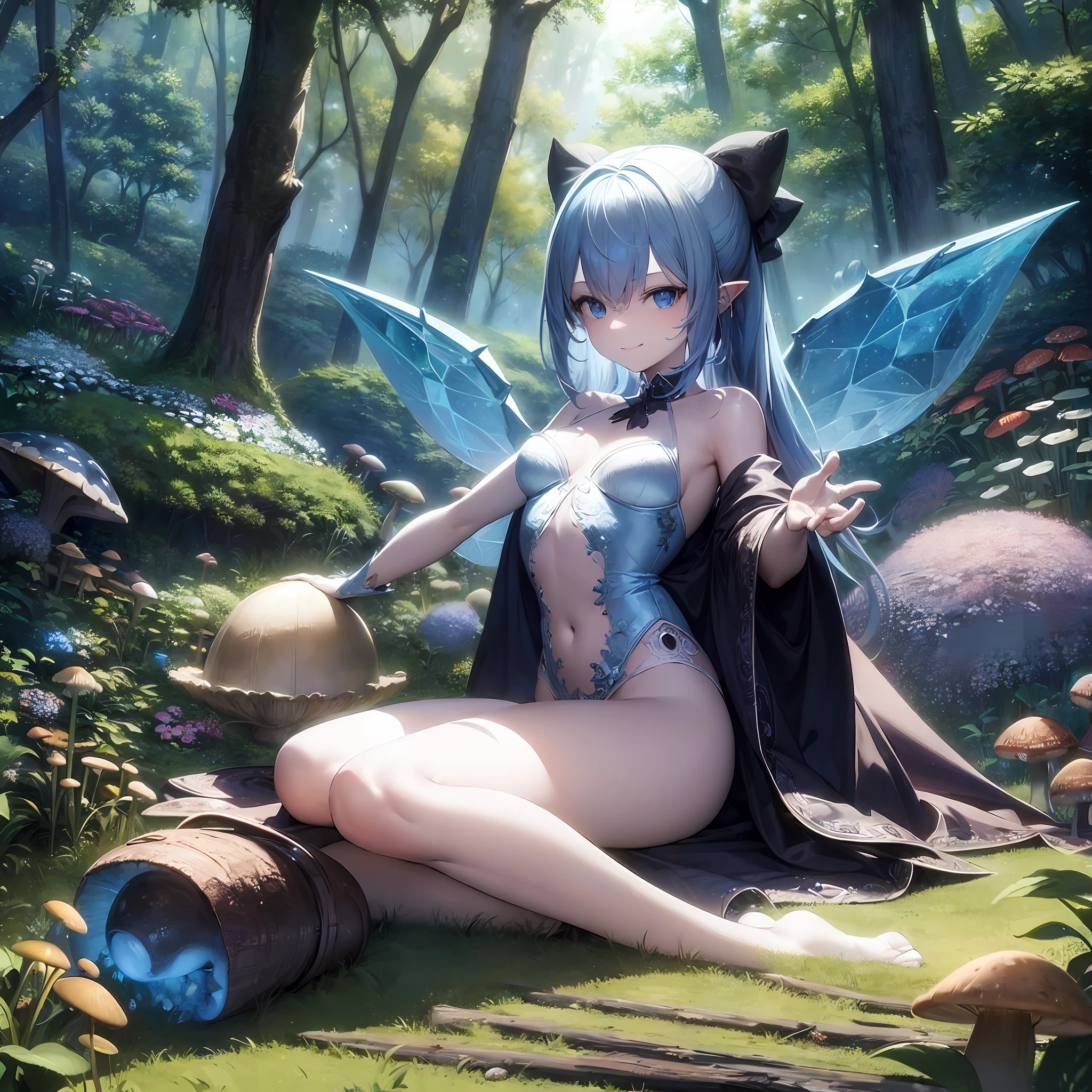 masterpiece, best quality, cirno, crystal wings, blue hair, blue eyes, blue bow, ((masterpiece)), ((illustration)) ((best quality)), (ultra-detailed), ((offical art)), (anime), decaying, exposed skeleton, exposed organs, blood, rotting, mushroom clothes, consumed by flora, consumed by mushrooms, covered in mushrooms, covered in flora, pixie in a magical forest, mooshrooms, lush john 8k woods, bright witch, pixi shiny blobs, covered in flora, (evil smile:1.3), best quality, masterpiece in the style of (Rembrandt:1.1), (Caravaggio:1.1),