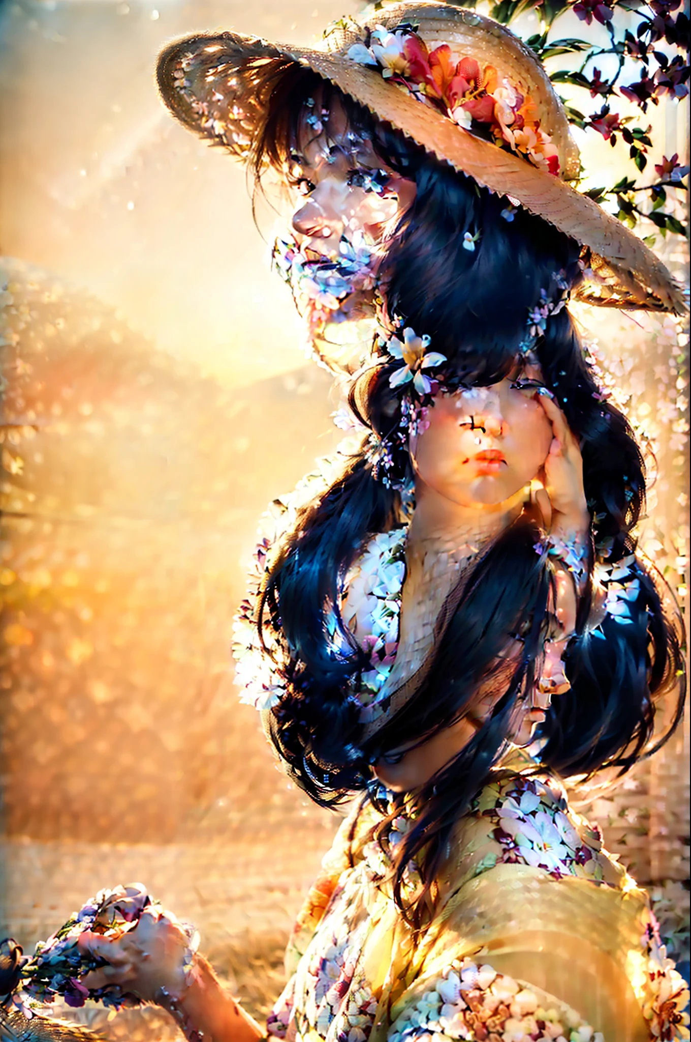 (extreme close up:1.5), (face focus:2),(Style of ???? ???:1.5),
((side face:2)),(1girl surrounded by soft_light:1.5), (backlighting:1.8), (lighting),(flowing fabric:1.3), ((Floral_summer_dress:1.5),(Straw_hat:1.3)),
(masterpiece), realistic, HDR, highly detailed, 8k, raw photo,
ambient occlusion, natural, harmonious composition, warm tones, fine art photography,