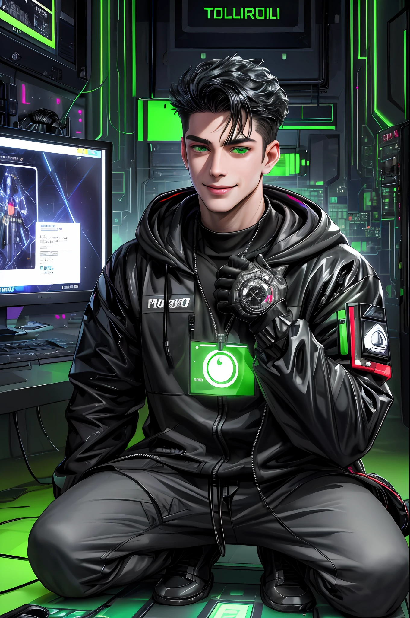 (absurd, intricate details, masterpiece, best quality, high resolution, 8k), 1 male, Brazilian, mature, aged, handsome, finely detailed eyes and face, quiff black hair, teary eyes, looking at viewer, solo, (full body: 0.6), detailed background, detailed face, (CircuitBoardAI, electronic theme:1.1) futuristic hacker of evil high tech, gamer, smile, advanced technology, hood, techwear, keycard, cables, (holographic display:1.05), error message, computer, password, gamer room in the background, green lights, cyber warfare, dark sinister atmosphere, depth of field, visual effects.