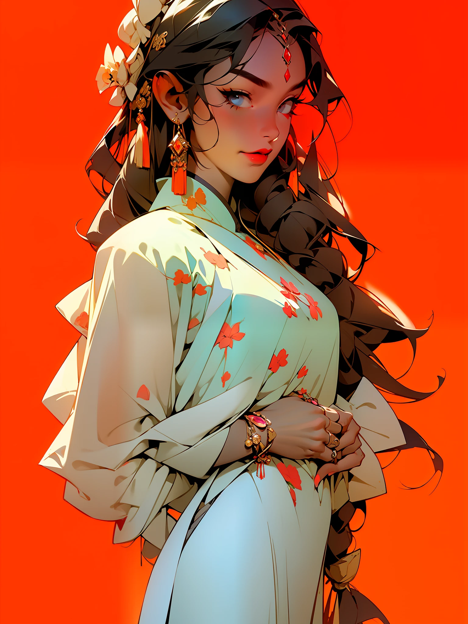 masterpiece, black_hair, 1girl, looking at viewer, long_hair, nail_polish, solo, jewelry, ancient art, chinese,