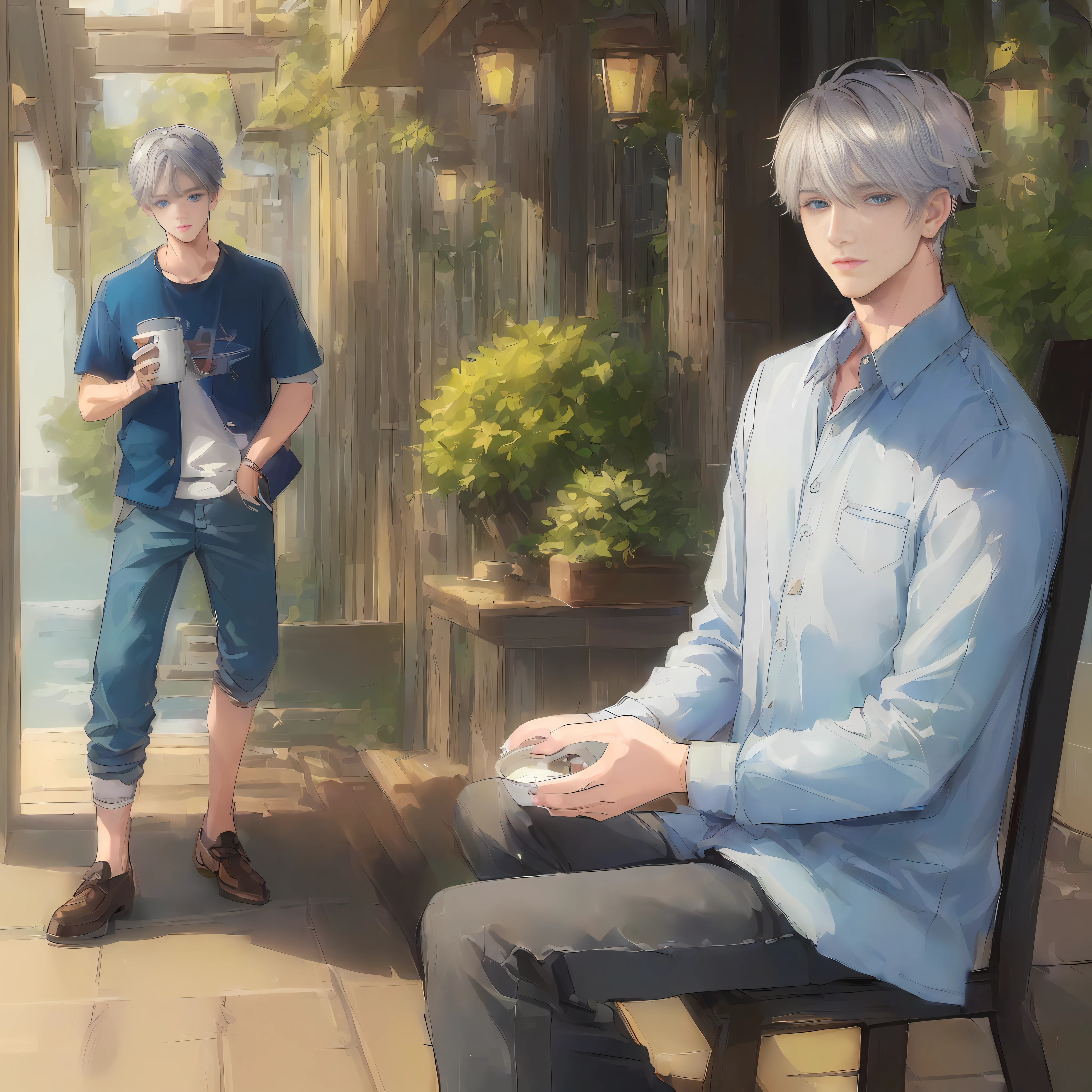 (masterpiece, top quality, best quality, official art, beautiful and aesthetic,1boy,:1.5),1 person,He is silver-haired blue-eyed with beautiful face,casual clothes,masterpiece background,beach, sunset