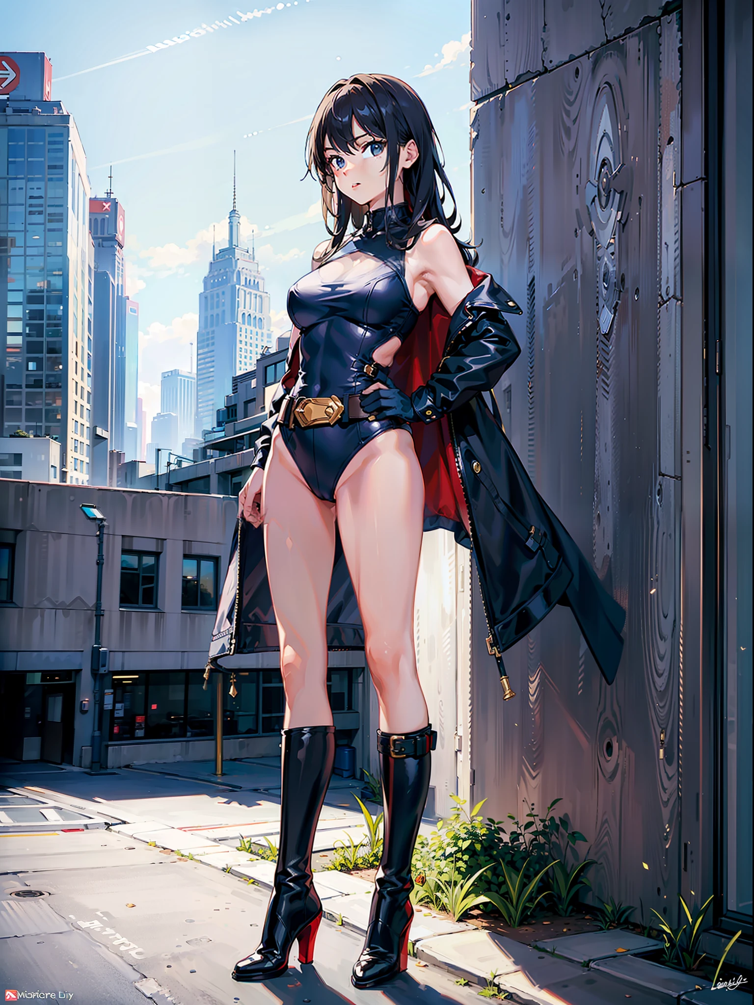 ((masterpiece)), ((best quality)), ((highres)), 1girl, solo, superhero, (leotard, bare legs), matching boots, city backdrop, standing, hands on hip, medium breasts, belt,