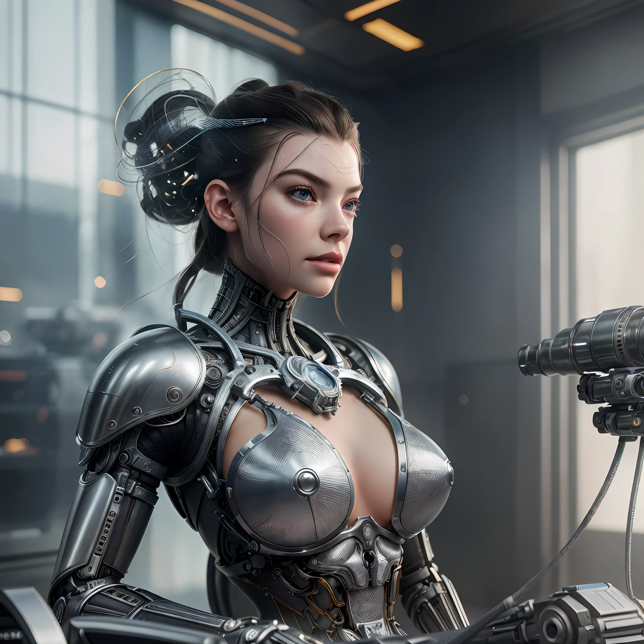 ultra detailed complex 3d rendering of a gorgeous porcelain profile face of Anya Taylor Joy, cyborg, robotic parts, human leg, 150 mm, beautiful soft studio light, rim light, vibrant details, luxurious cyberpunk, lace, hyper-realistic, anatomical, facial muscles, electrical cables, microchip, elegant, beautiful background, octane rendering, HR Giger style, 8k, best quality, masterpiece, illustration, extremely delicate and beautiful, extremely detailed, CG, unit, wallpaper, (realistic, photorealistic: 1.37), amazing, finely detailed, masterpiece, best quality, official art, 8k unit wallpaper CG extremely detailed, absurd, incredibly absurd, robot, silver helmet, full body, sitting