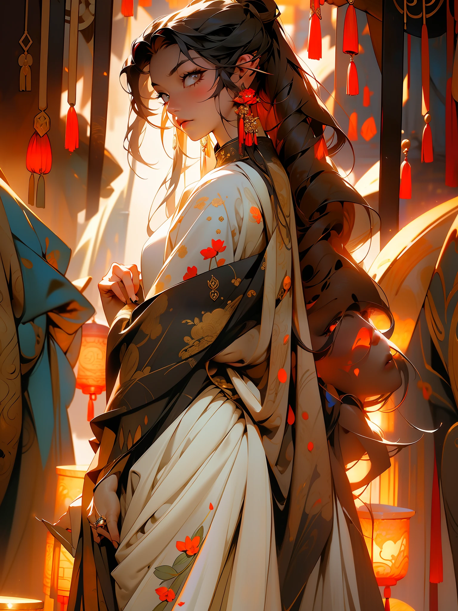 masterpiece, black_hair, 1girl, looking at viewer, long_hair, nail_polish, solo, jewelry, ancient art, chinese,
