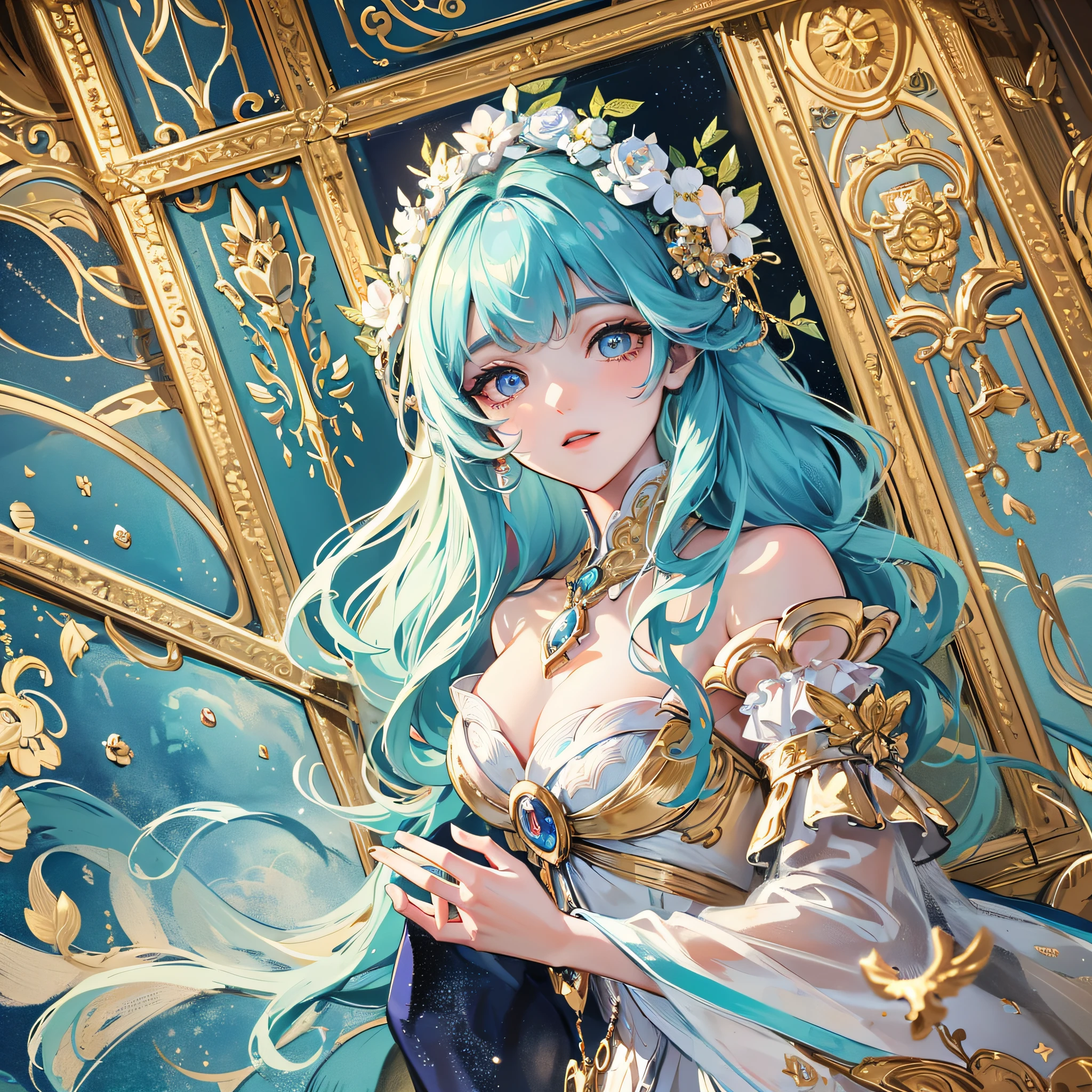 A sea of clouds illuminated by moonlight and a beautifully decorated door. Reaching for that door, a noblewoman wearing intricate and delicate ornaments and dress. Her beautiful face and brightly colored shining eyes. Detailed drawings. Vivid colors. High image quality. --s 1000 --ar 3:4 --auto --s2