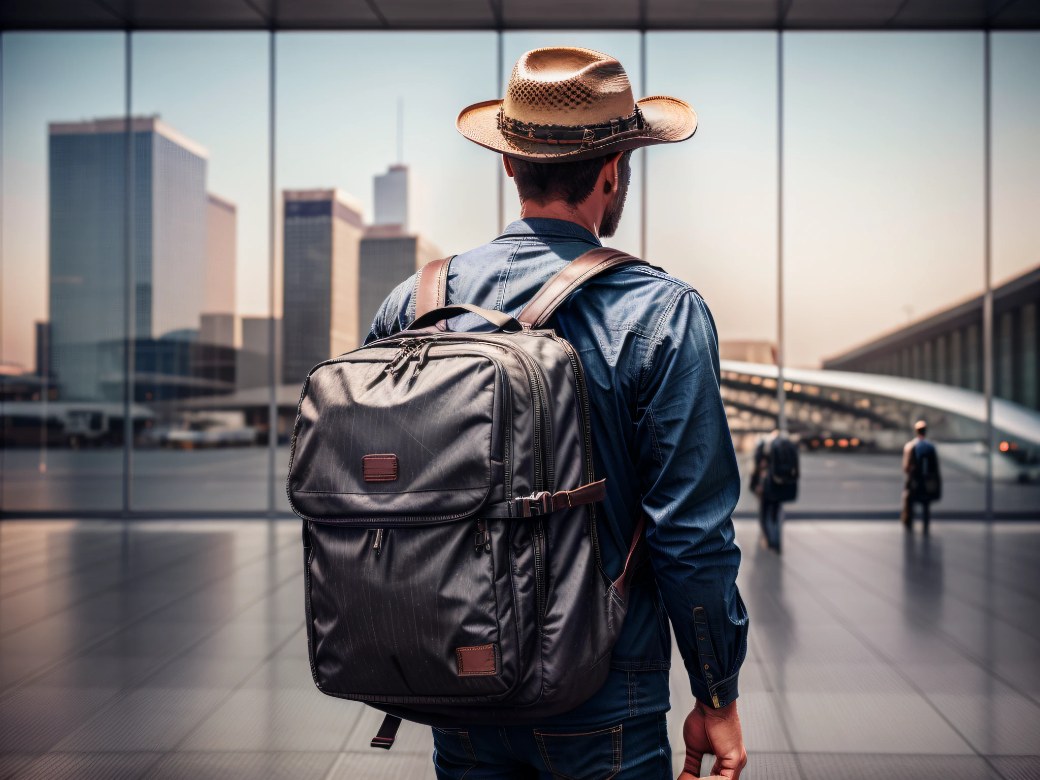 Airport, backpacks, suitcases, cities, Surrealism, cowboy shot, from behind, ray tracing, Surrealism, highres, best quality, high quality