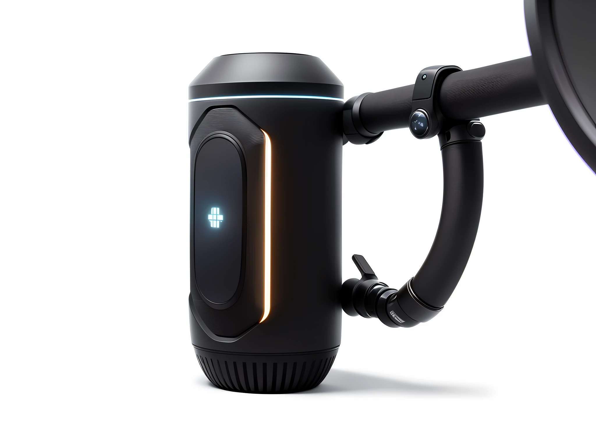 There is a black speaker with a robotic arm, an OLED screen on the upper end, side view, product drawings, detailed composition, complete device, realism, Apple design style