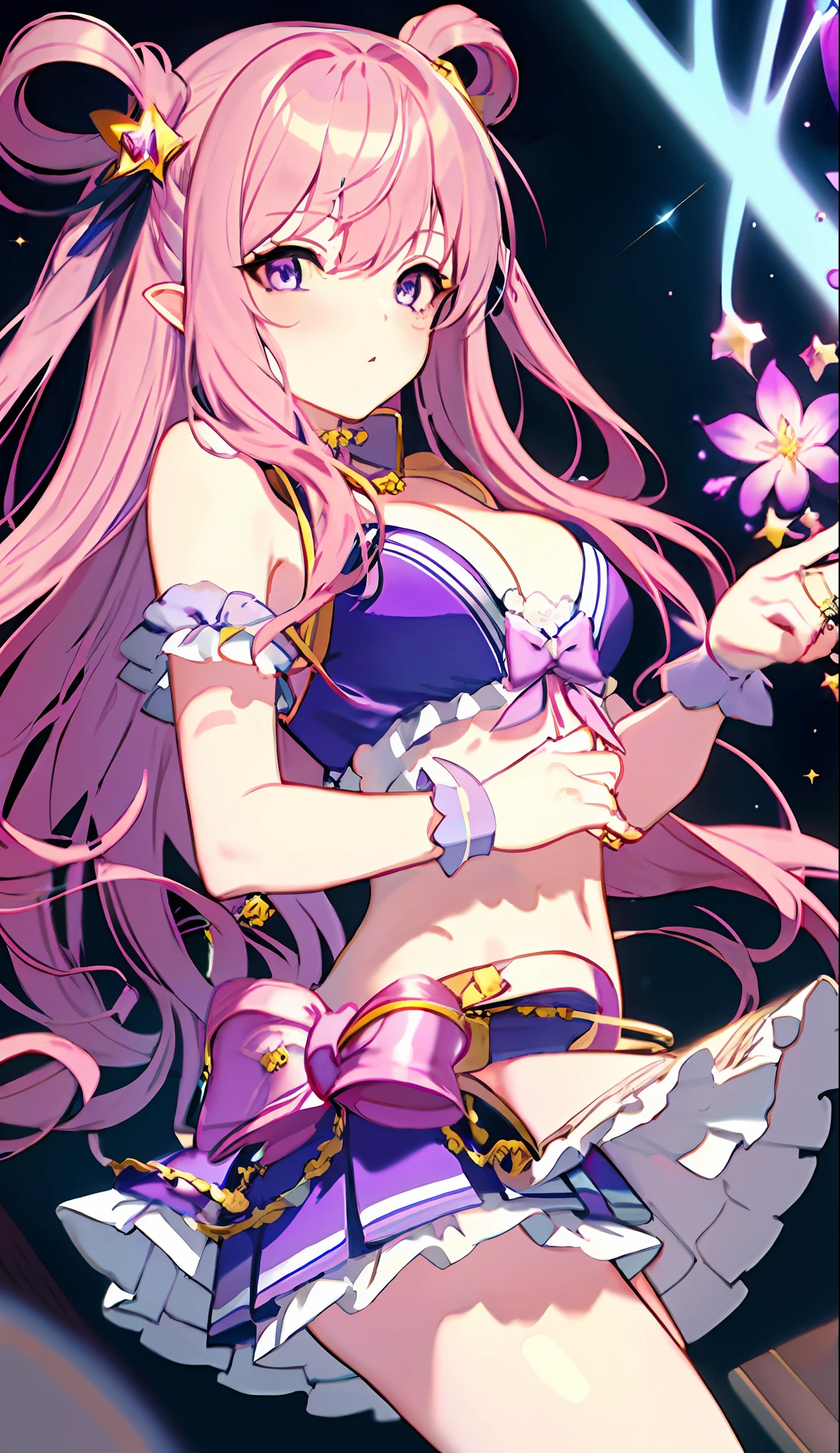 Masterpiece, Top Quality, 8K Animation, Detailed Fingers, Precise Fingers, Non-Unnatural Hands, Illustration, 1 Girl, Solo, Curled Eyes, Rings in Hair, Long Pink Hair, Purple Bikini Bra, Mini Skirt with White Ruffles, White Gloves, Big Purple Eyes, Yellow Bonbons on Both Hands, Hatsune, Gentle Gaze, Dynamic Pose
