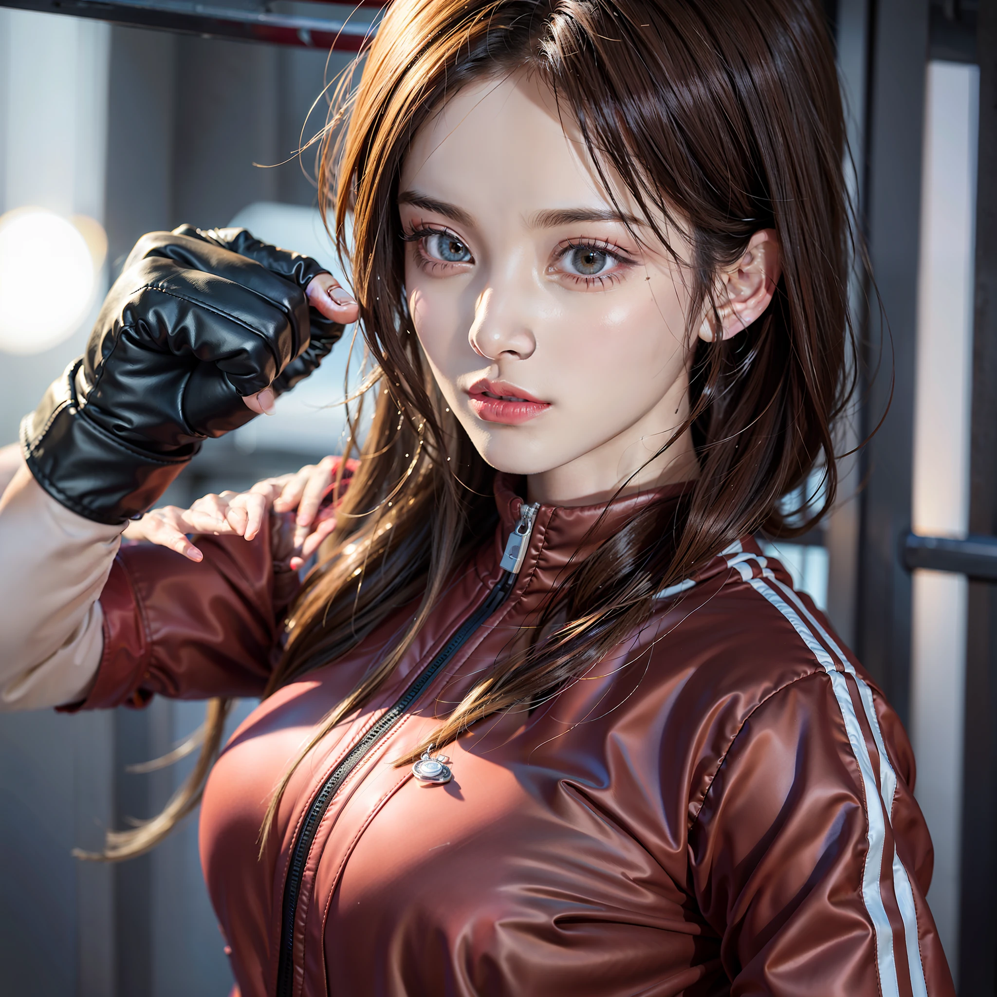 (Photographic Reality + Realistic Style: 1.1), (Masterpiece), (Best Quality), (Extremely Detailed Illustration), (1 Girl), (Beautiful Eyes), (Perfect Detail), (Best Lighting), (Super Intricate Detail), (Red Tracksuit), (Fist Fight), (Padded Gloves), (Boxing Headgear), (Muscle Women), (Splash Sweat Beads), (4K Unity: 0.9), (Super Detailed CG: 1.2), (8K: 1.2), (Octane Rendering)