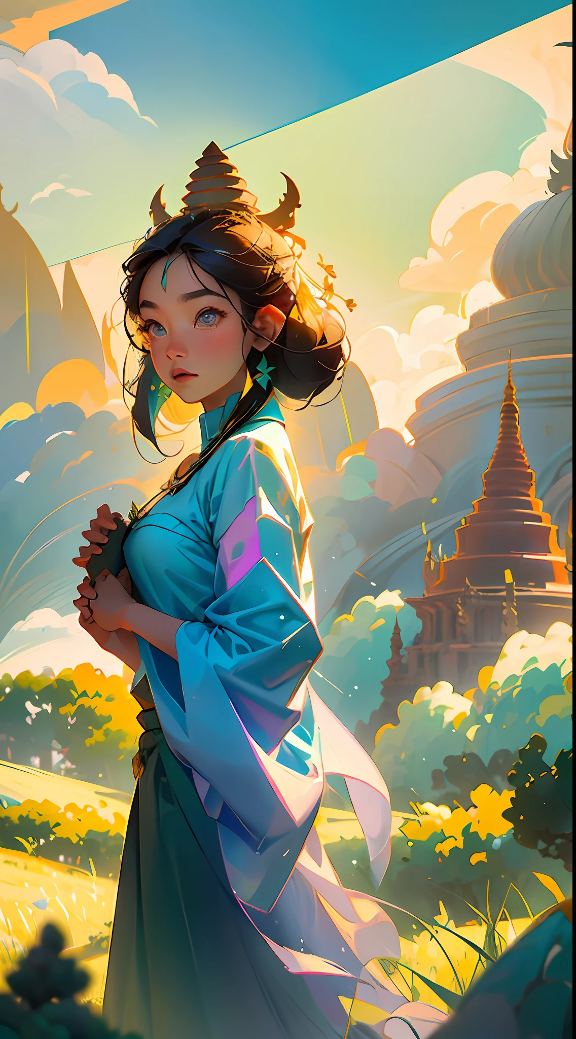 Bagan, Myanmar, pagodas, big clouds, blue sky, rice field, neat rice seedlings in the field, forest, secluded, countryside, HD detail, hyperdetail, cinematic, surrealism, soft light, deep field focus bokeh, ray tracing and surrealism. --v6