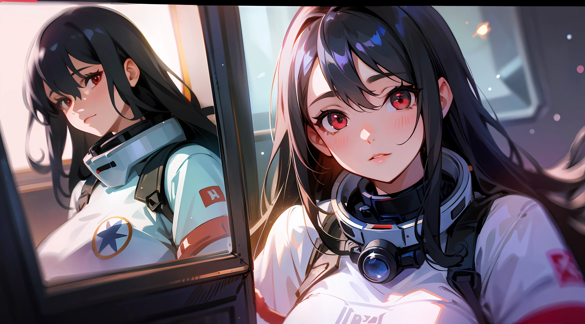 1girl, flat chest, cute, beautiful and detailed eyes, life on the space station, mirror props, shiny hair, visible through hair, hair between the eyes, white monochrome, , Soviet Union, communism, black hair, red eyes, vampires, girl, poor breasts, space suit: blurred foreground, HD, depth of field, bokeh, bust, medium shot, 56mm lens