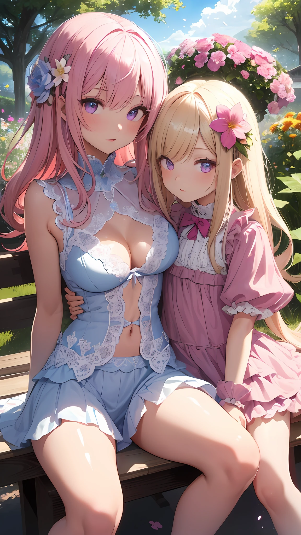 Realistic, Hyper Detail, Two Girls,Multiple Girls, (Blonde and Pink Hair,Purple Clear Eyes,Layered Bob) and
(Loli,Kids,Black long Hair), Dynamic Lighting, (Bold imaginative pose)), (Glossy Skin:1.5), Masterpiece, Best Quality, Absurd, View Viewer, Slender, High Resolution, Sharp Focus, Depth of Field, Detail Eyes, Sharp Eyes, ( (Realistic Eyes)), (Medium boobs: 1.4), (Mekoji: 1.2)), ((Flashy lace underwear with attractive delicate design made of many strings: 1.3)),Break
(Flower Garden, Colorful Flower Garden, Flower Landscape: 1.5), (Blue Sky, Cumulonimbus Clouds), (Windmill: 1.3), (Wooden Bench: 1.2), (Abundant Flowers: 1.3),
