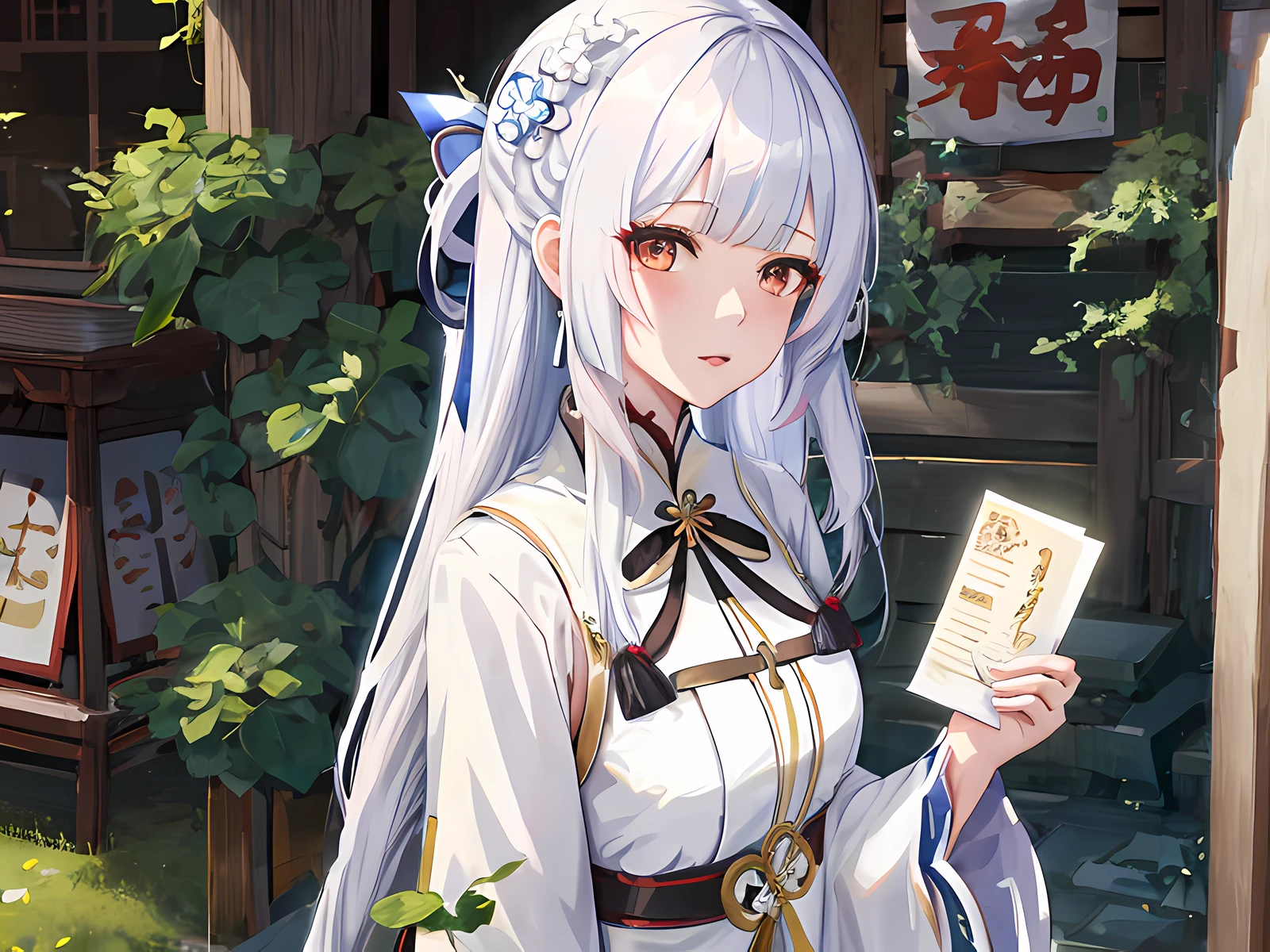 anime girl with long white hair holding a fan and a paper, ayaka genshin impact, ayaka game genshin impact, keqing from genshin impact, zhongli from genshin impact, genshin impact character, white haired deity, from the azur lane videogame, genshin, characters from azur lane, guweiz