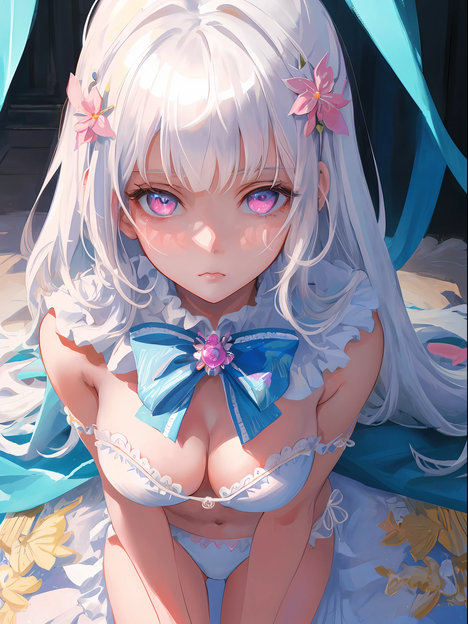 masterpiece, best quality, ultra detail, illustration,(1girl), beautiful detailed face, looking at viewer, close-up, (focusing on lower body), white hair, shy, fairy, white and blue bikini, pink eyes,naughty girl, sad face