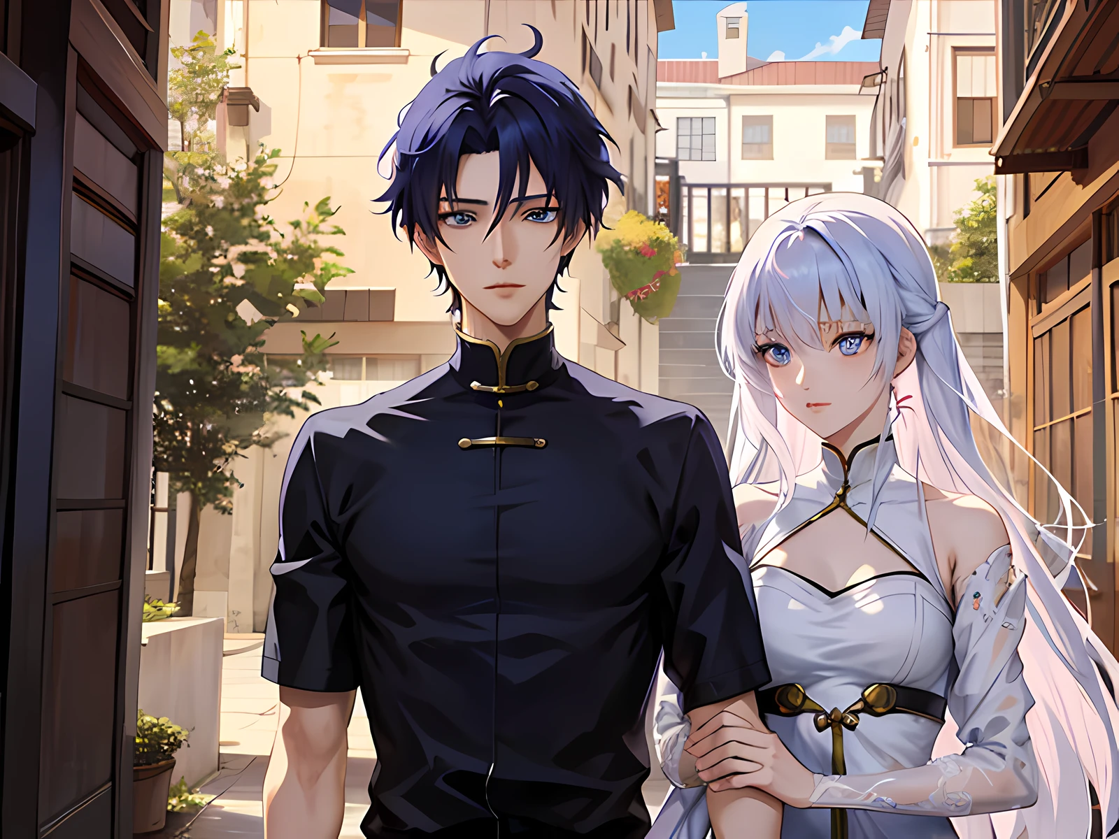 anime couple standing in front of a doorway with a building in the background, artwork in the style of guweiz, guweiz, anime style like fate/stay night, anime in fantasy style, visual novel cg, two anime handsome men, in an anime style, tall anime guy with blue eyes, anime moe artstyle, today's featured anime still