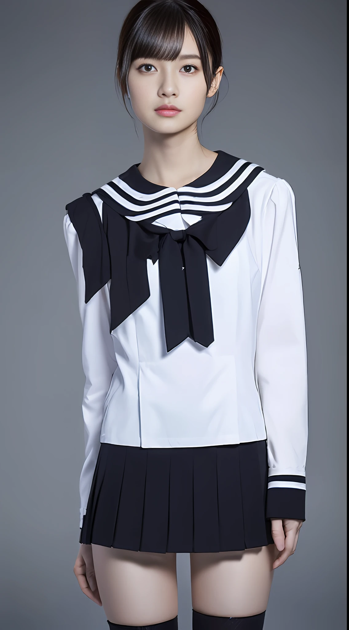 ((Top Quality, 8k, Masterpiece: 1.3)), 1 girl, Beauty with slender abs: 1.3, (Medium Short Hair, Colossal: 1.2), White Shirt: 1.1, Ultra Detailed Face, Detailed Eyes, Double Eyelids, Black Pleated Skirt, Uniform, Navel, Thin Legs, Knee High Socks