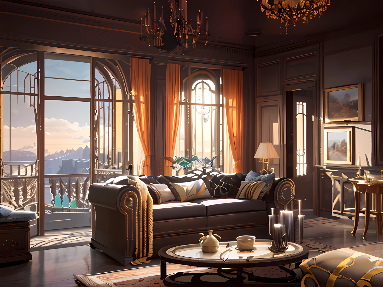 arafed living room with a couch and a table with a lamp, unreal engine ; romantic theme, relaxing concept art, concept art stunning atmosphere, style of raphael lacoste, unreal engine 5 render dramatic, cinematic render unreal engine, art nouveau octane render, rendered unreal engine 5, rendered in unreal engine 5, beautiful mattepainting, inside her surreal vr castle