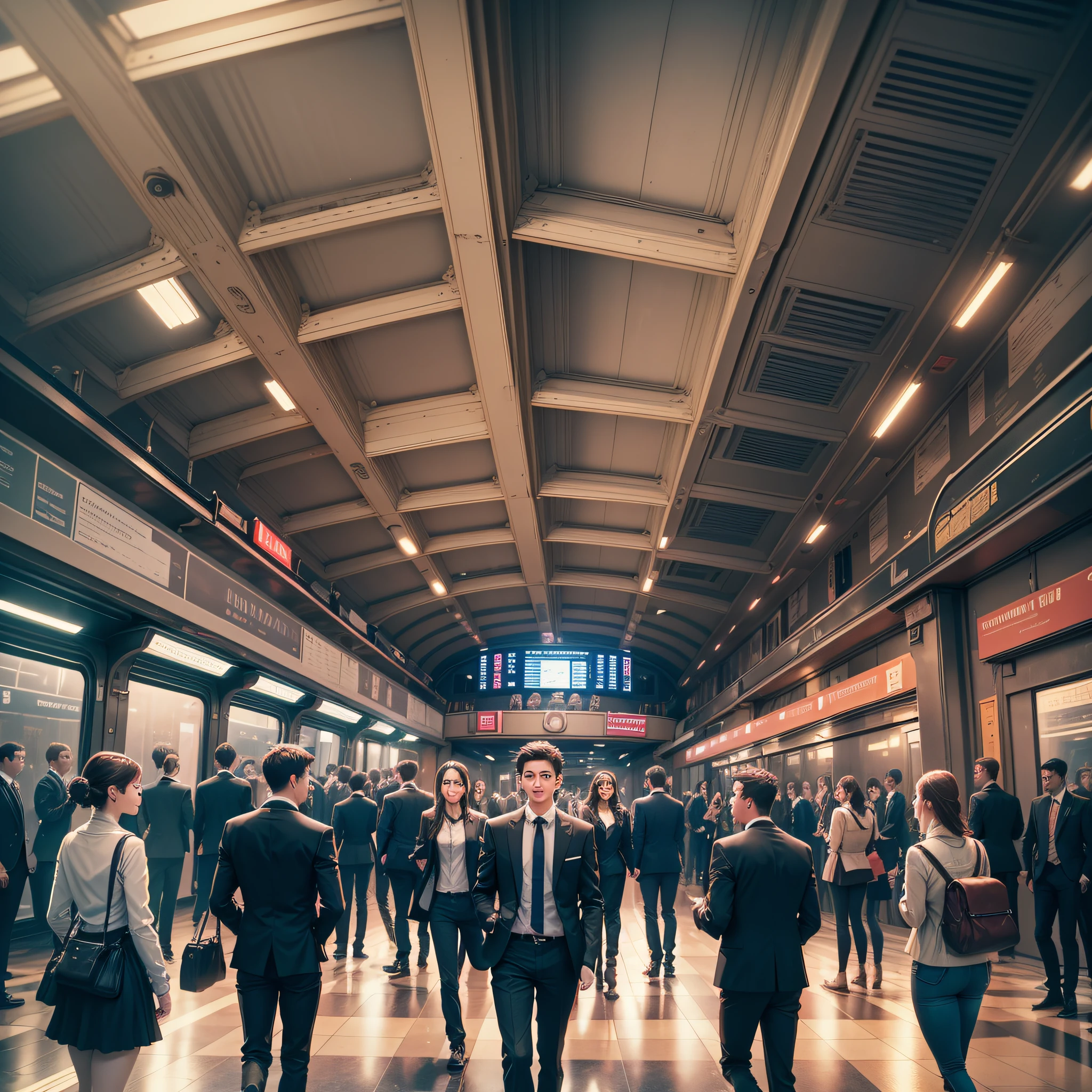 In the theater, the lights hit the stage, and a group of actors composed of high school students were rehearsing, with the entrance of the train station, the longing of people, anxiously waiting, negotiating business, and detailed 4K wallpaper --auto --s2
