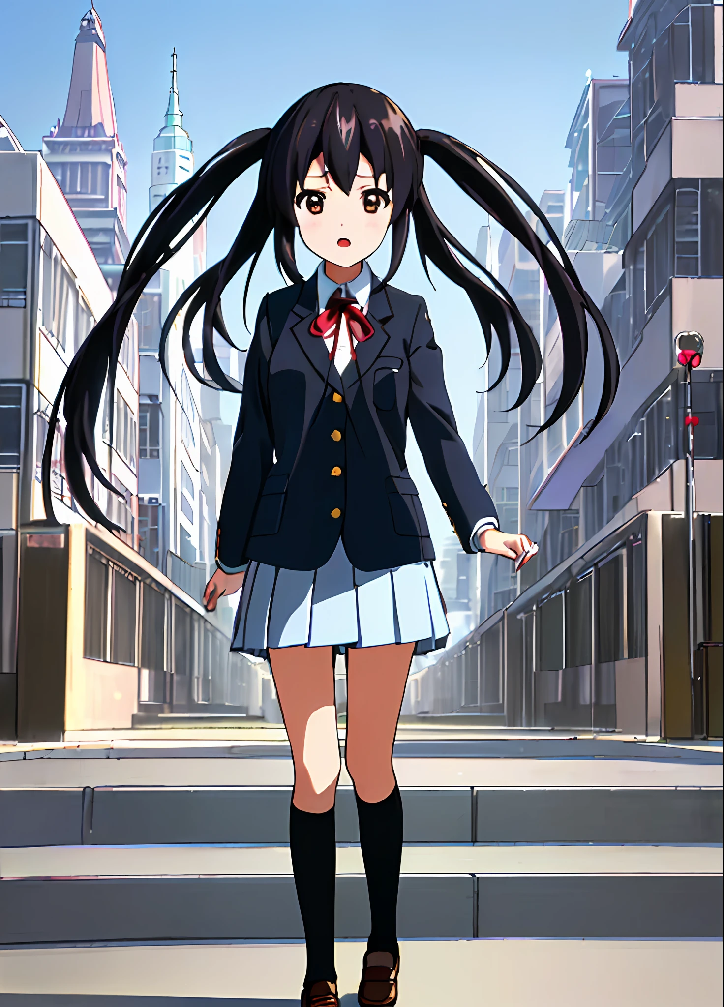 1girl, ((((Masterpiece))), Best Quality, Best Quality, High Detail, Azusa Nakano, 1girl, Sakuragaoka High School Uniform, Musical Instrument, School Uniform, Twin Tails, Long Hair, Black Hair, Brown Eyes, Solo, Red, Dark blue blazer with a thin ribbon of red, Solid white button shirt under blazer, Illustration, Cartoon, Soothing tones, Muted colors, Soft cinematic light, Adobe Lightroom, Photo Lab, HDR, complex and highly detailed, (((depth of field))))). (((Masterpiece))). (((highest quality))).) ((super detail))). (((Illustration))). (((Outside))). (((fighting stance))).,((((Giantization))).dynamic focus.small breasts. (((skyscrapers))). (((Cityscape))). (((Face of sadness))). Open mouth.