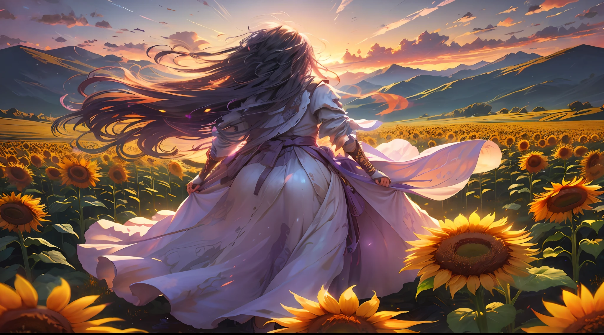 (From below, the sky is above, and the open field below), a girl standing on a flower field looking up, vast landscape photography, sunset, a girl with long flowing hair, looks sweet and cute, with her back facing a field full of sunflowers, the back of a cheerful running, the figure is smaller, the sunflowers flutter in the wind, digital painting, the best quality, ligne claire, bright colors, bright colors, purple sky, volumetric lighting. Soft light, diffuse illumination, radiant light, halo, caustic, subsurface scattering, dreamy, girly long skirts flutter widely, sunflowers bend sharply with the wind, --auto --s2