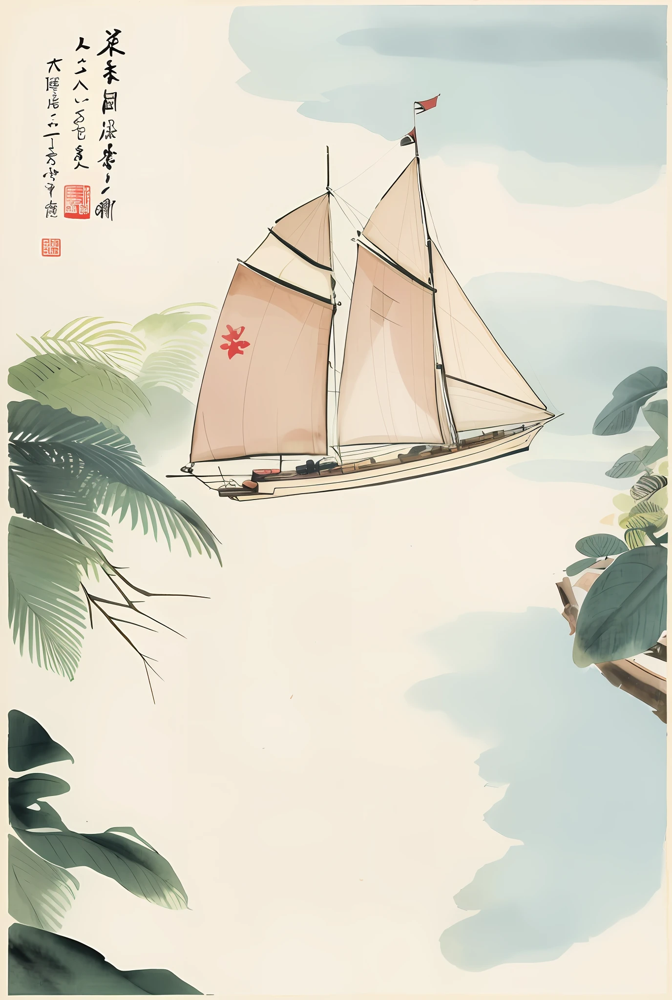 There is a poster with a boat on the water and the sun in the background, inspired by Xiao Yuncong, poster illustration, Chinese watercolor style, official poster