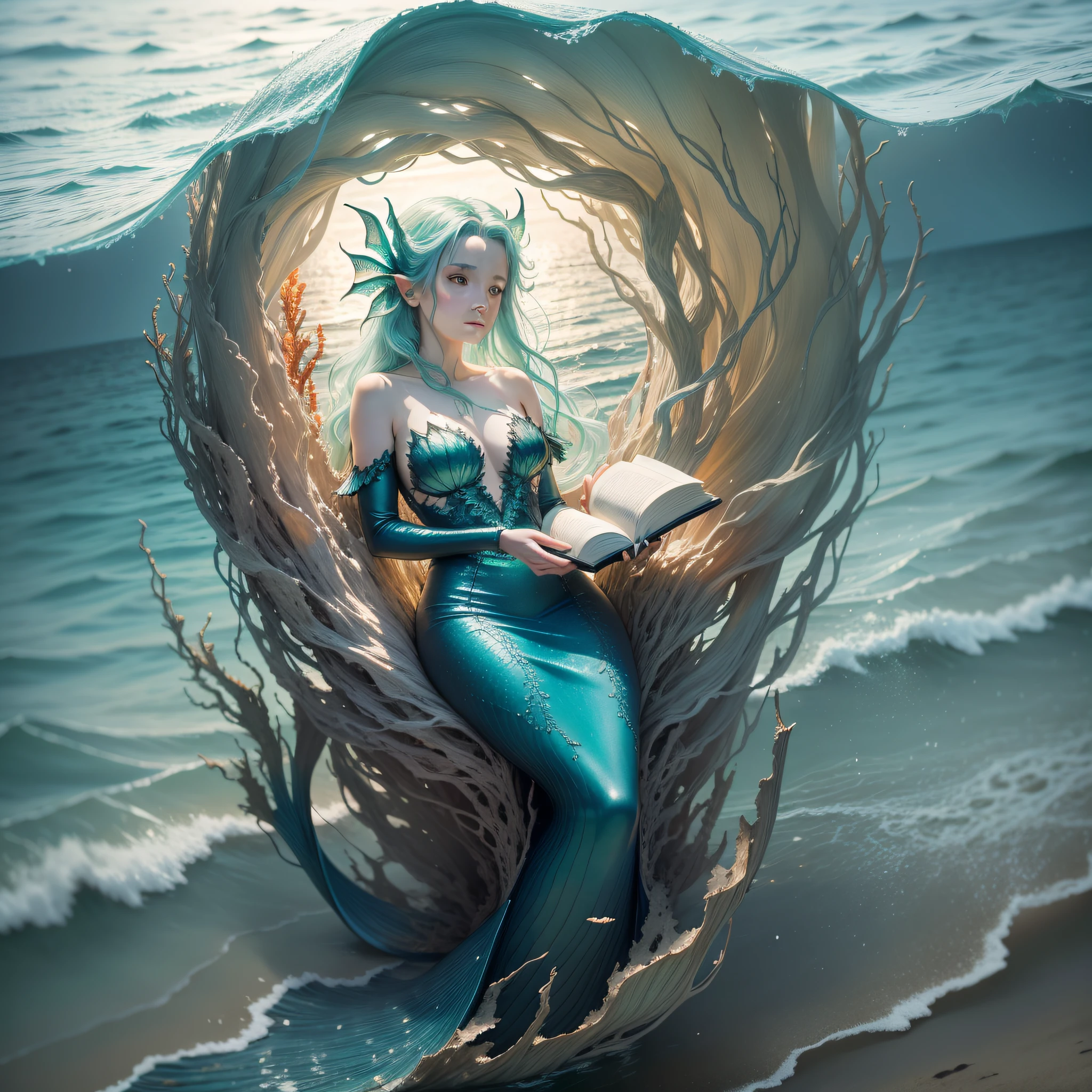 A photograph of a surreal mermaid emerging from the ocean, with hair and dress made of kelp and seaweed, holding a book carved out of coral.