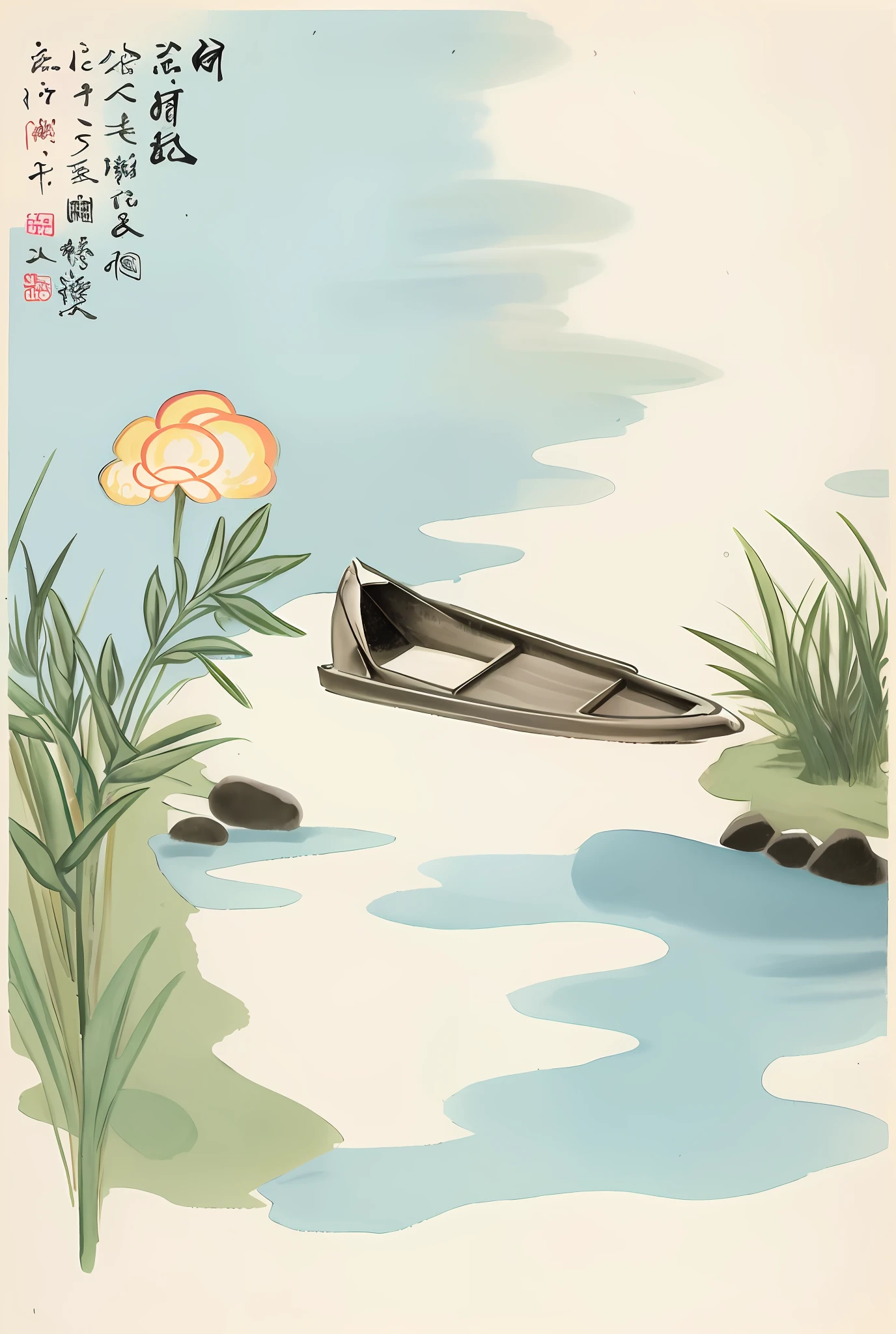 There is a poster with a boat on the water and the sun in the background, inspired by Xiao Yuncong, poster illustration, Chinese watercolor style, official poster