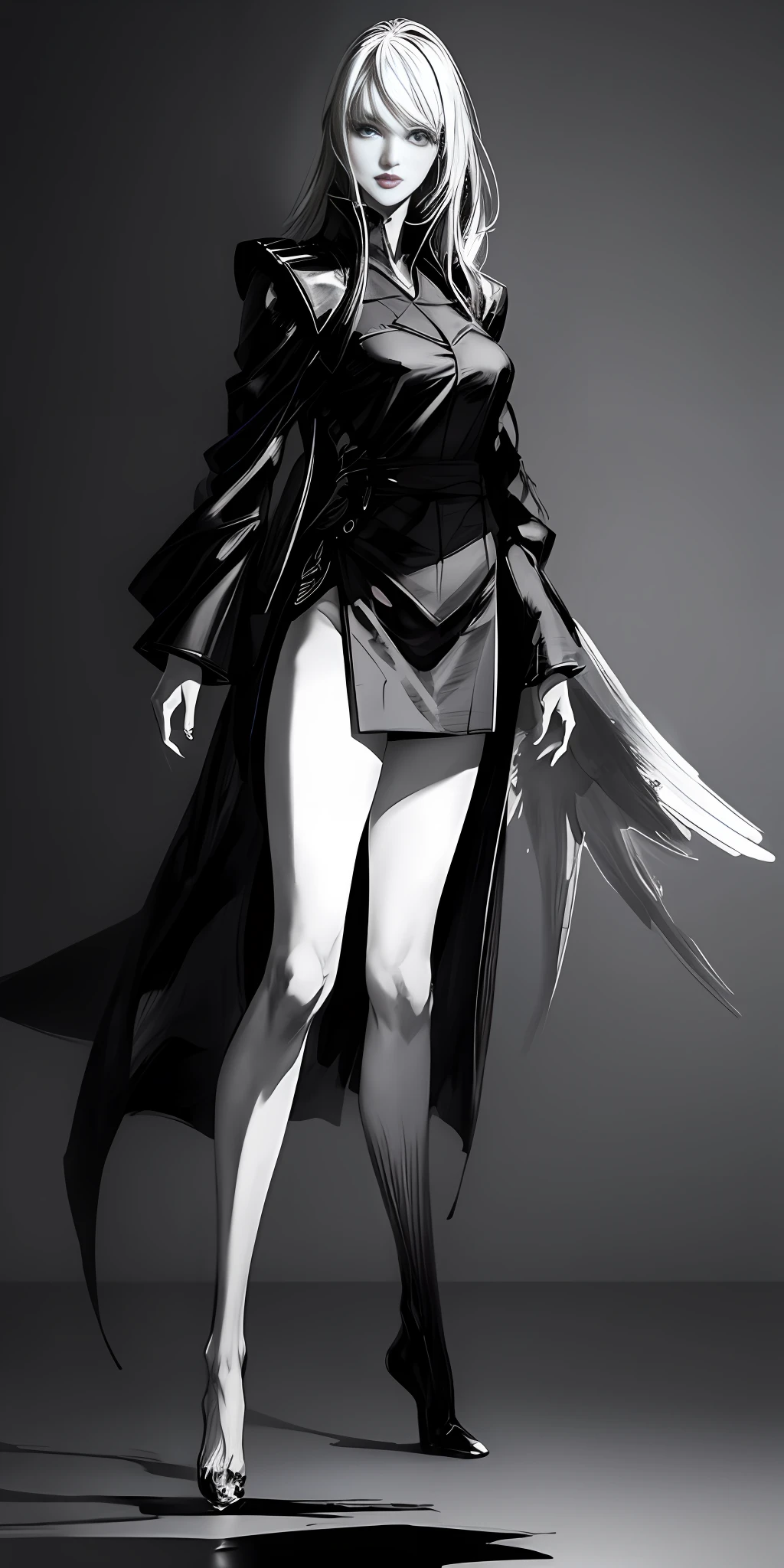 Masterpiece, Japanese manga master work, grayscale, monochrome sketch, sketch art, freehand ink art, bold brush strokes, brilliant creativity, 1girl, full body, white hair, delicate facial features, glowing eyes, uniform, E cup, long legs, parted lips, full body details, anime beauty, realistic night, realistic full body light and shadow, hazy light, fantasy world