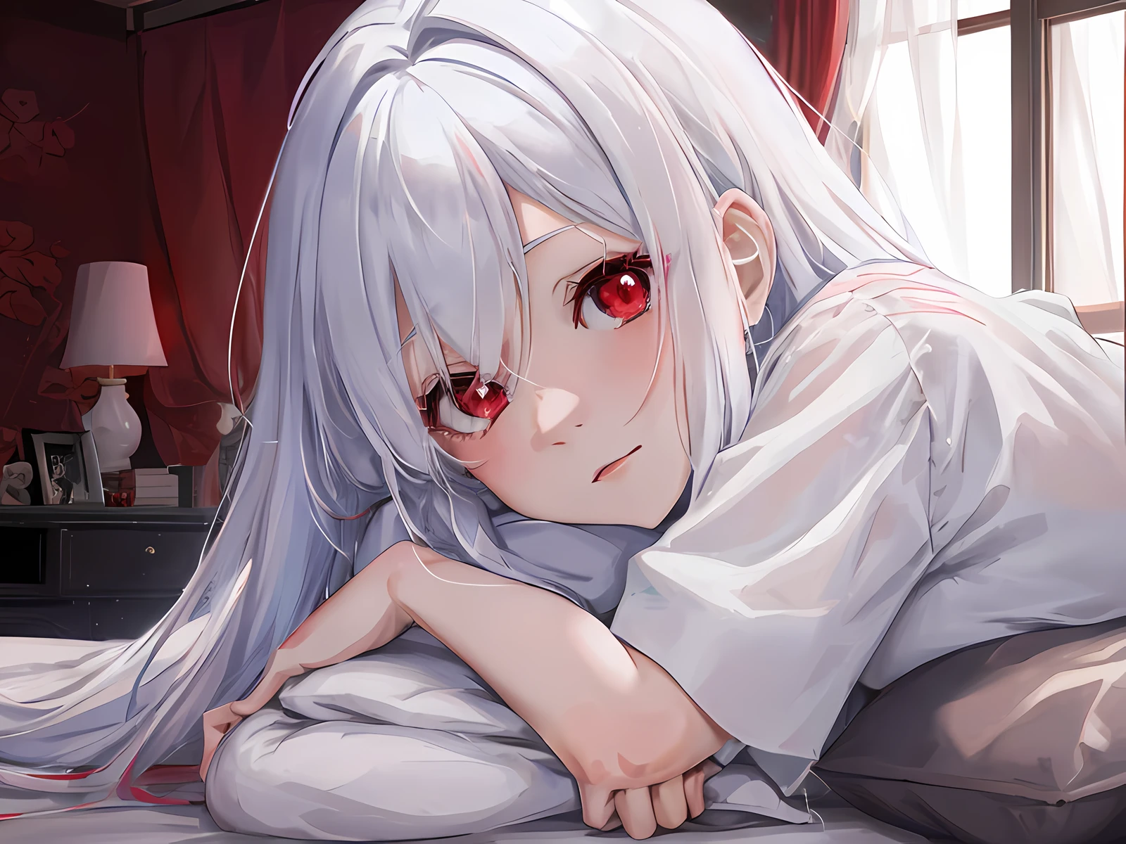 anime girl laying on bed with red eyes and white hair, anime visual of a cute girl, girl with white hair, perfect white haired girl, nightcore, best anime 4k konachan wallpaper, white haired, anime style 4 k, cute anime girl portraits, cute anime girl, beautiful anime portrait, smooth anime cg art, detailed digital anime art