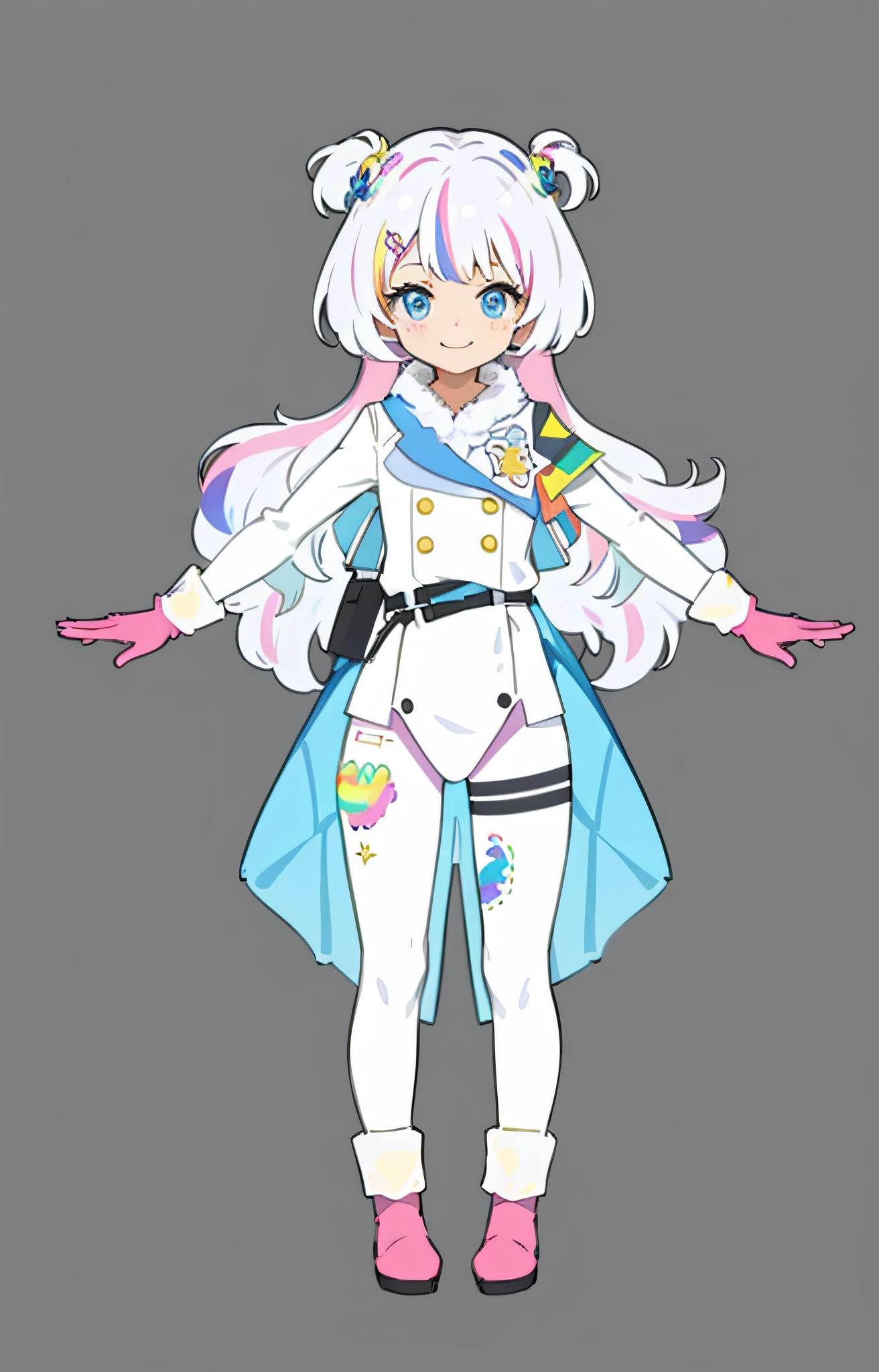 Rainbow color dye, EVA white tights, yellow plush shoes, pink gloves, clothing short, set drawing, smile, blue transparent cape, black belt bag,