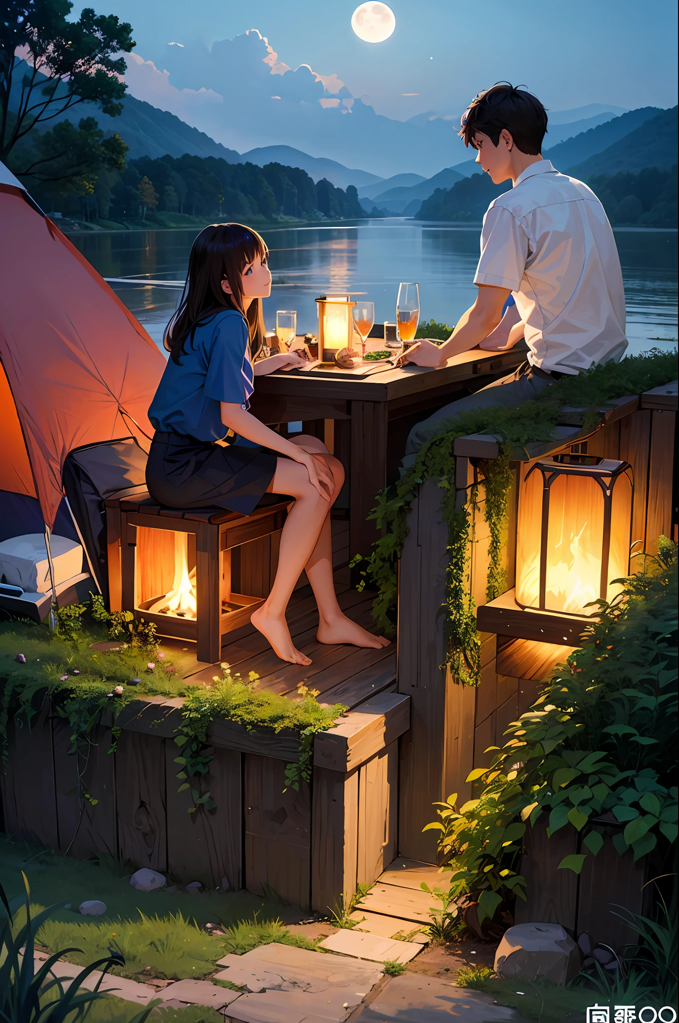(Seen from below, the sky above and the open river below), a group of modern young boys and girls camping by the lake in the background of the Yongjiang River in Nanning, full moon, moonlight, bonfire, tent, lamp, smile, , drink a cup, look at the audience, best quality, high resolution, very detailed, professional, Illustrations, Pixiv trend, masterpiece, film lighting, anime art style,