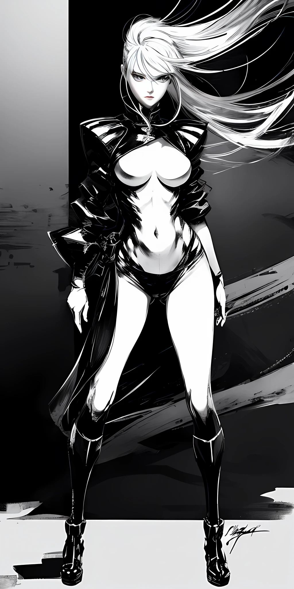 Masterpiece, Japanese manga master work, grayscale, monochrome sketch, sketch art, freehand ink art, bold brush strokes, brilliant creativity, 1girl, full body, white hair, delicate facial features, glowing eyes, uniform, E cup, long legs, parted lips, full body details, anime beauty, realistic night, realistic full body light and shadow, hazy light, fantasy world