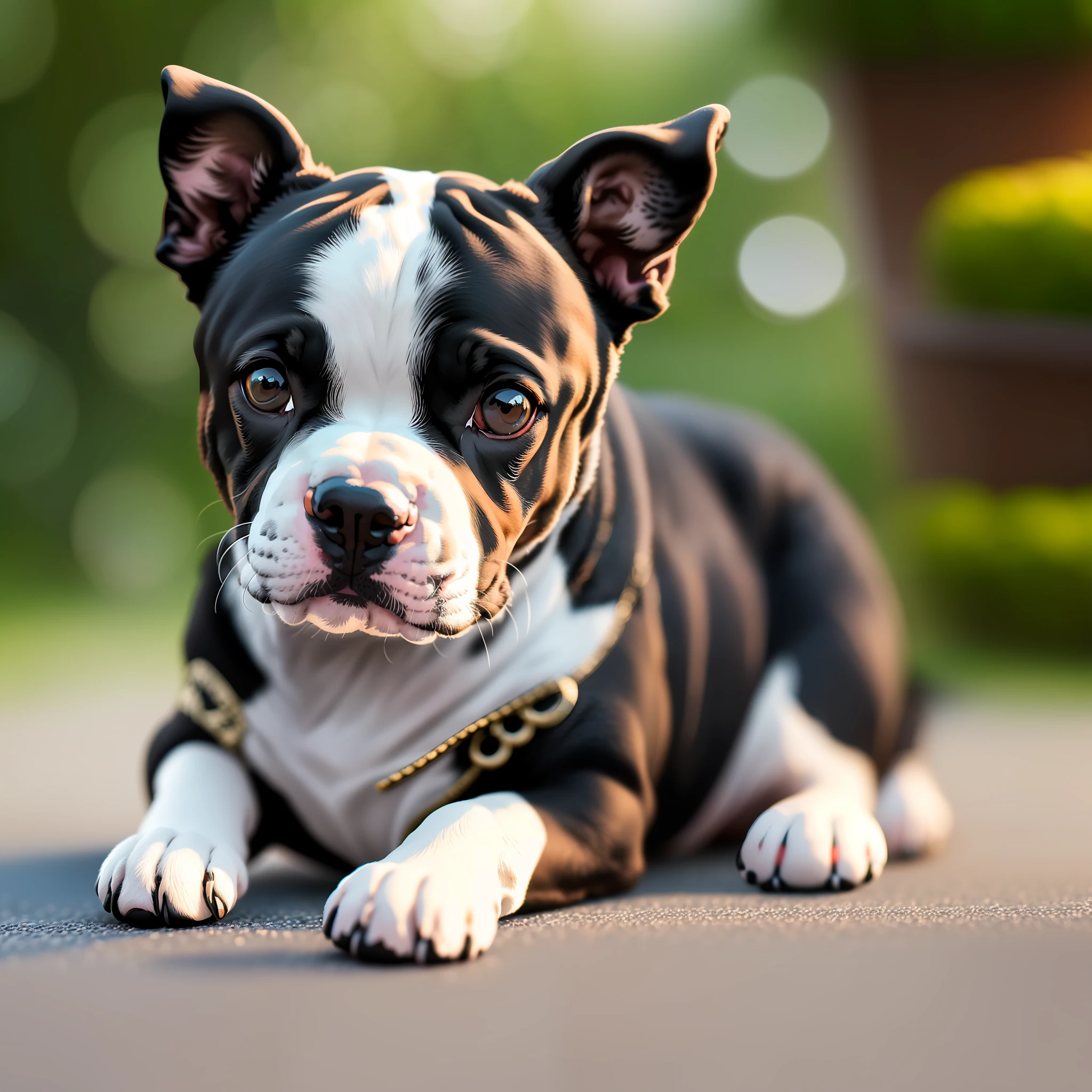 Amstaff black and white mini-sized dog, perfect quality, clear focus (mess-home: 0.8), (masterpiece: 1.2) (Realistic: 1.2) (Bokeh) (Best quality) (Intricate details) (8K) (Detail eyes) (Sharp focus), (Happy)
