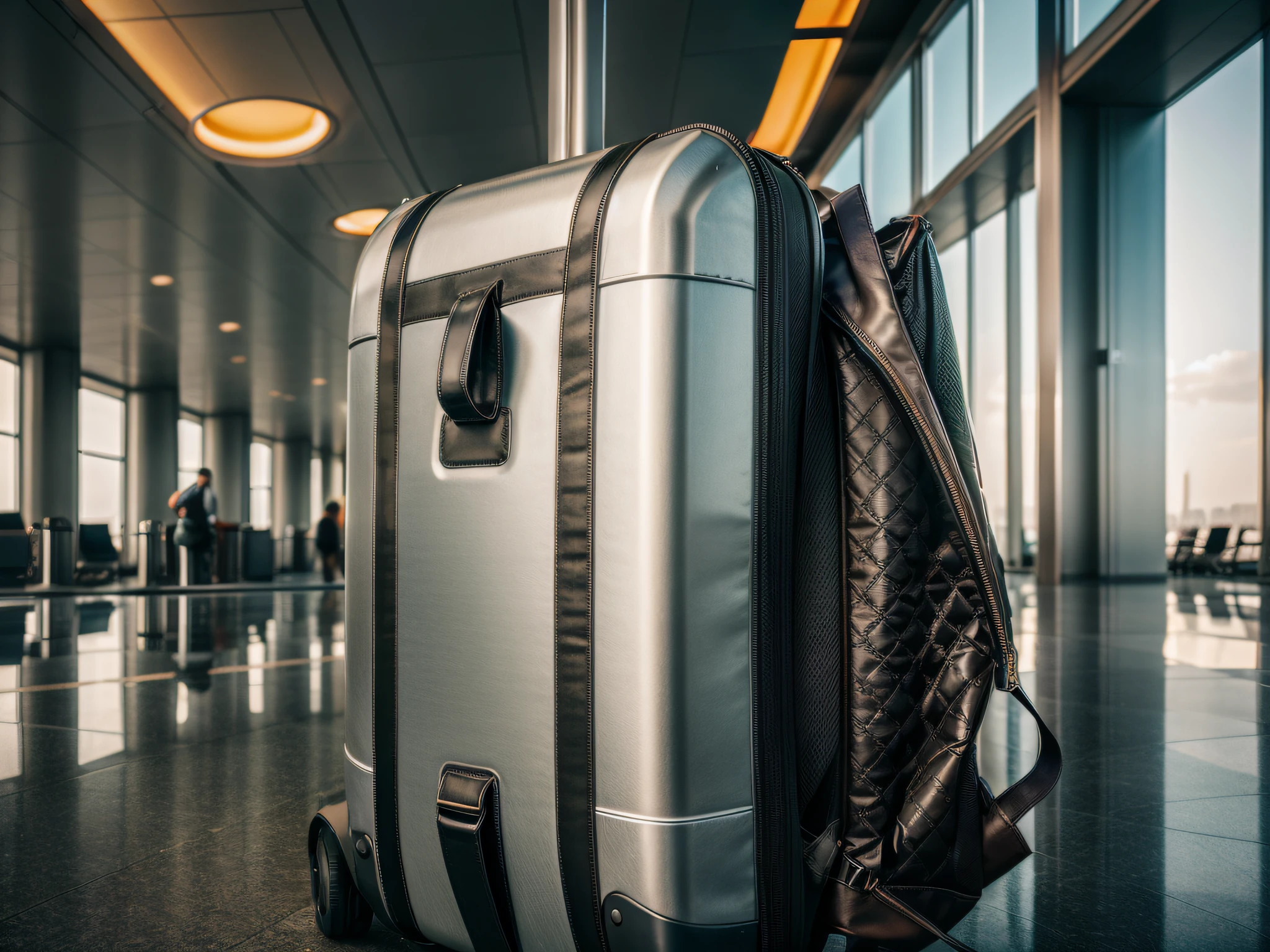 airport lounge, backpack, luggage close-up, city, surrealism, modern lens, from behind, ray tracing, surrealism, high resolution, best quality, high quality