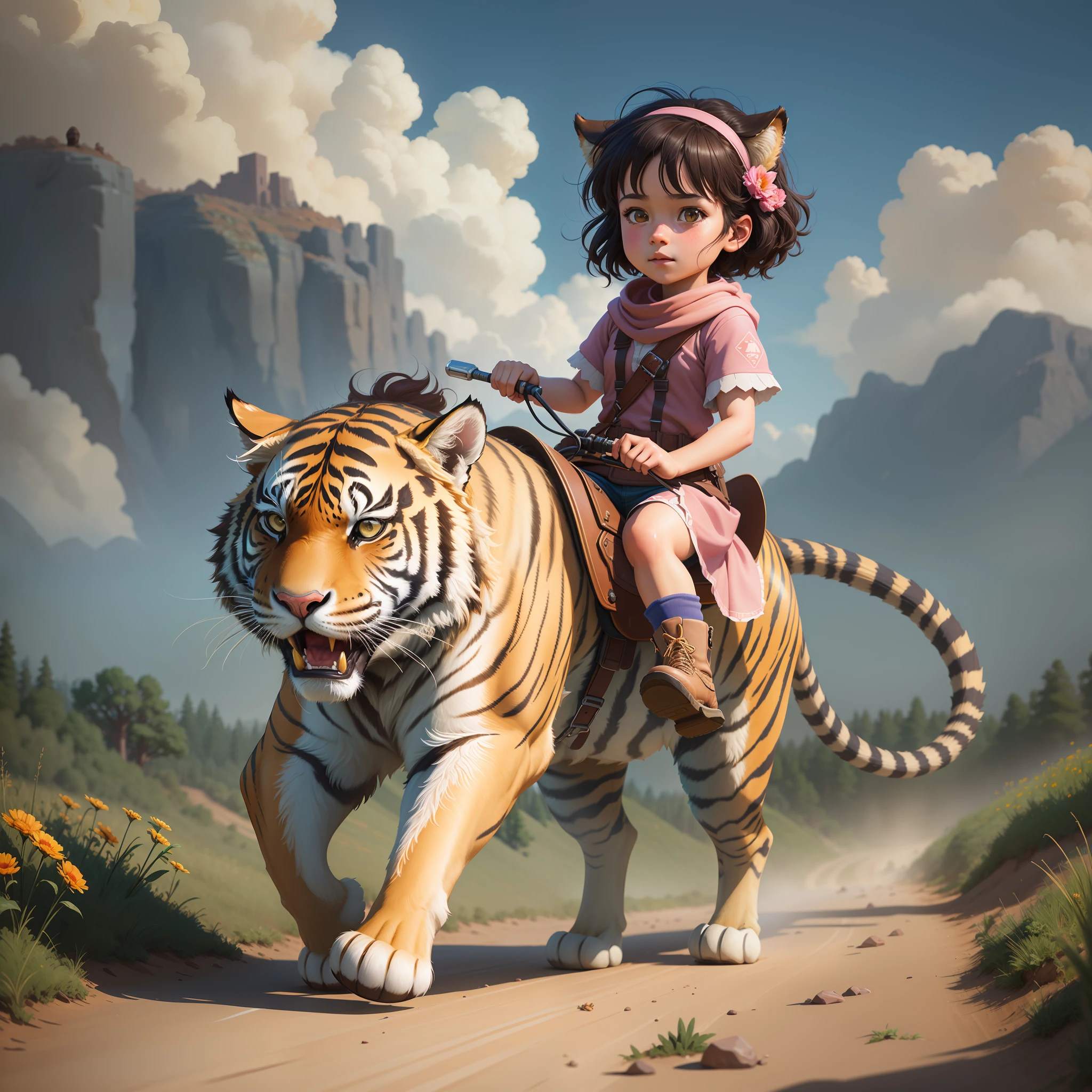 there is a girl riding a tiger on a dirt road, childrens art in artstation, adorable digital painting, highly detailed digital painting, rob rey and kentaro miura style, by Jason Chan, digital painting highly detailed, 3 d epic illustrations, rob rey and kentarõ miura style, by Yang J, epic digital art illustration