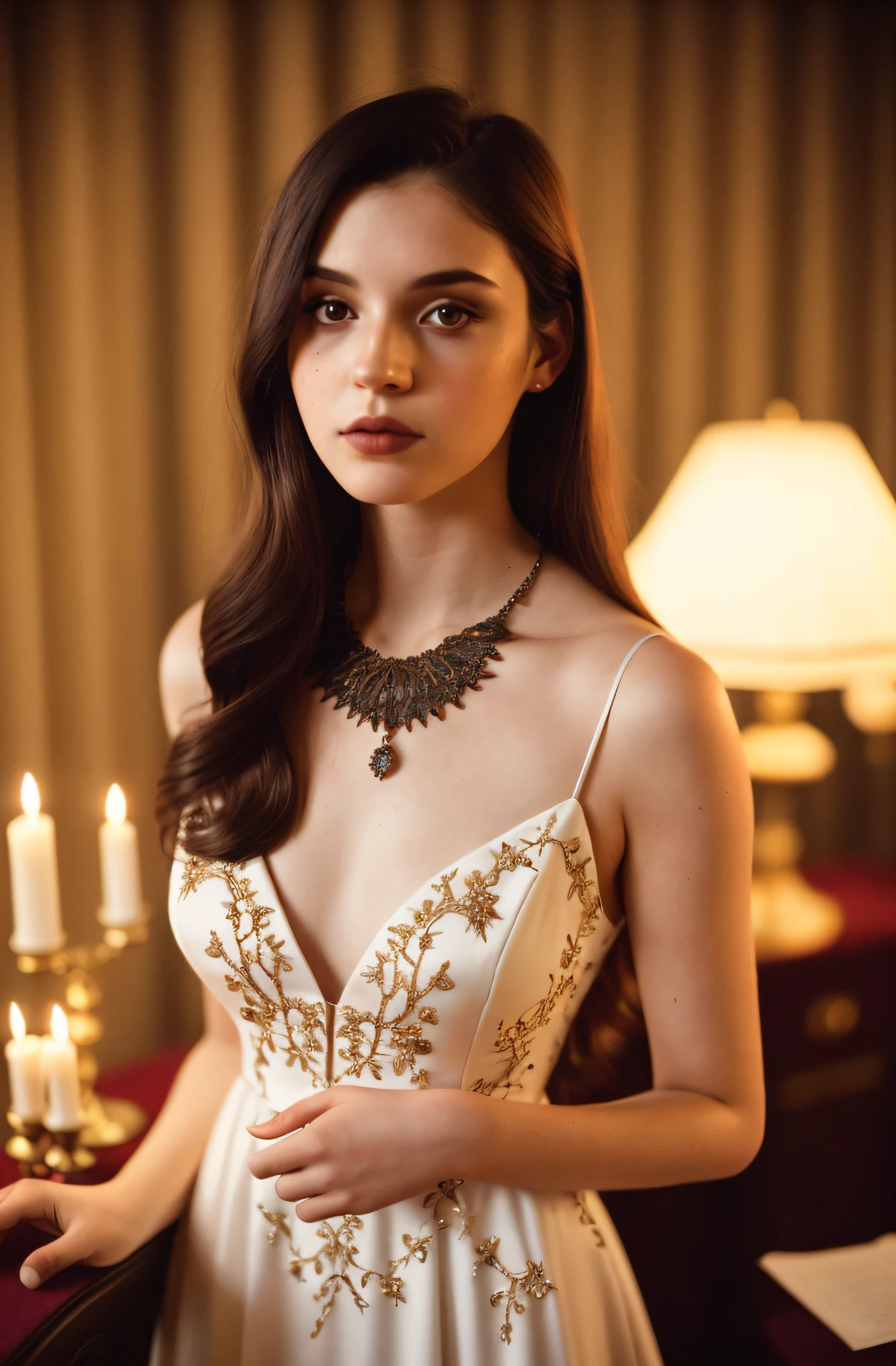 (full length editorial photograph of a 20 yo woman), (highly detailed face:1.4) (smile:0.4) short straight dark hair, jewelled necklace pendant, smooth pale white skin, beautiful embroidered evening dress with flowers, (background inside dark, moody, private study:1.3) exotic bedroom background, short depth of field focus, low light, candlelight, nikon d850, film stock photograph ,4 kodak portra 400 ,camera f1.6 lens ,rich colors ,lifelike texture, dramatic lighting , cinestill 800, erotic, gothic, cyberpunk