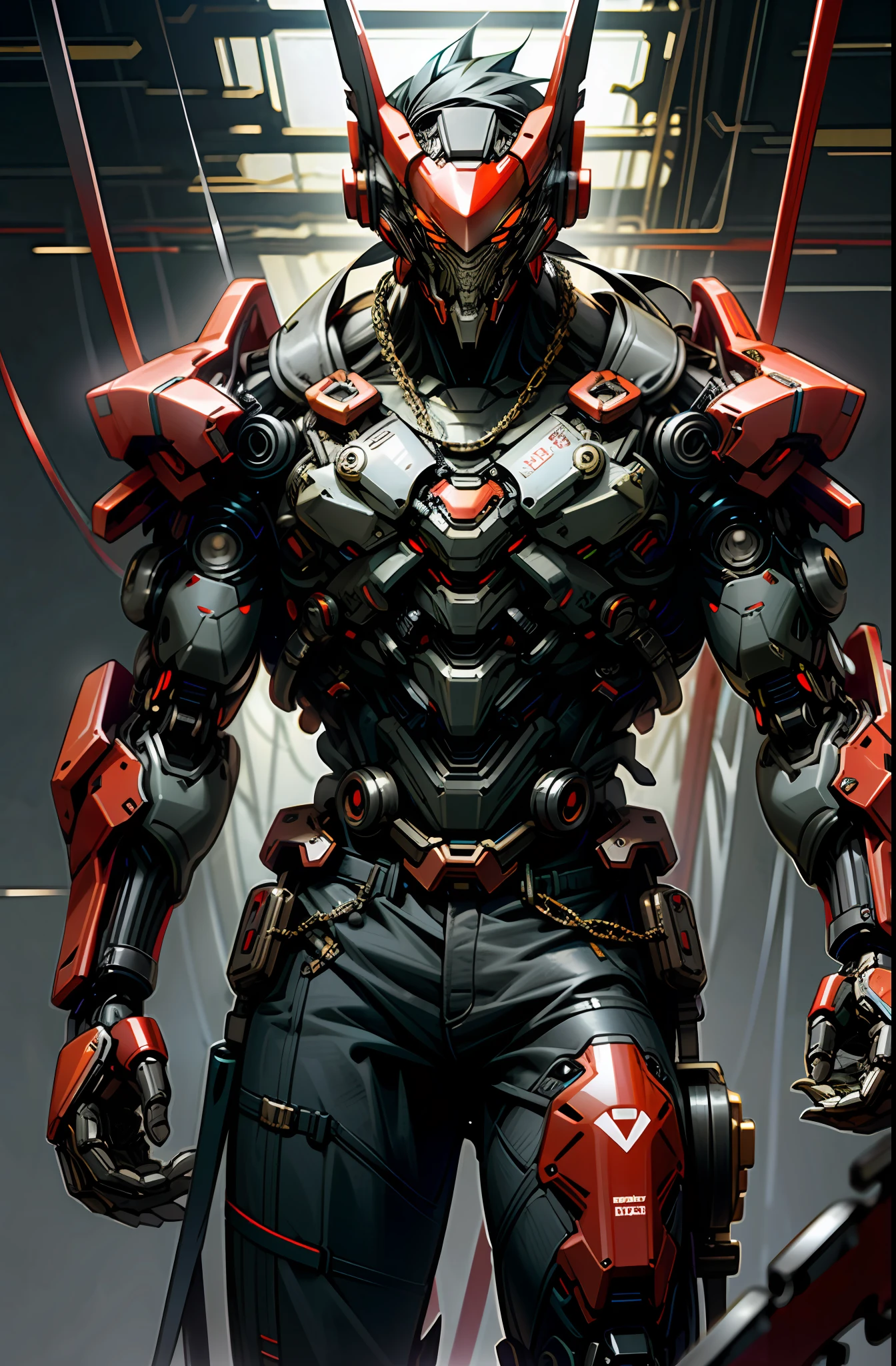 Dark_Fantasy,Cyberpunk,(chain saw,chain saw man,Red:1.1),1man,Mechanical marvel,Robotic presence,Cybernetic guardian,