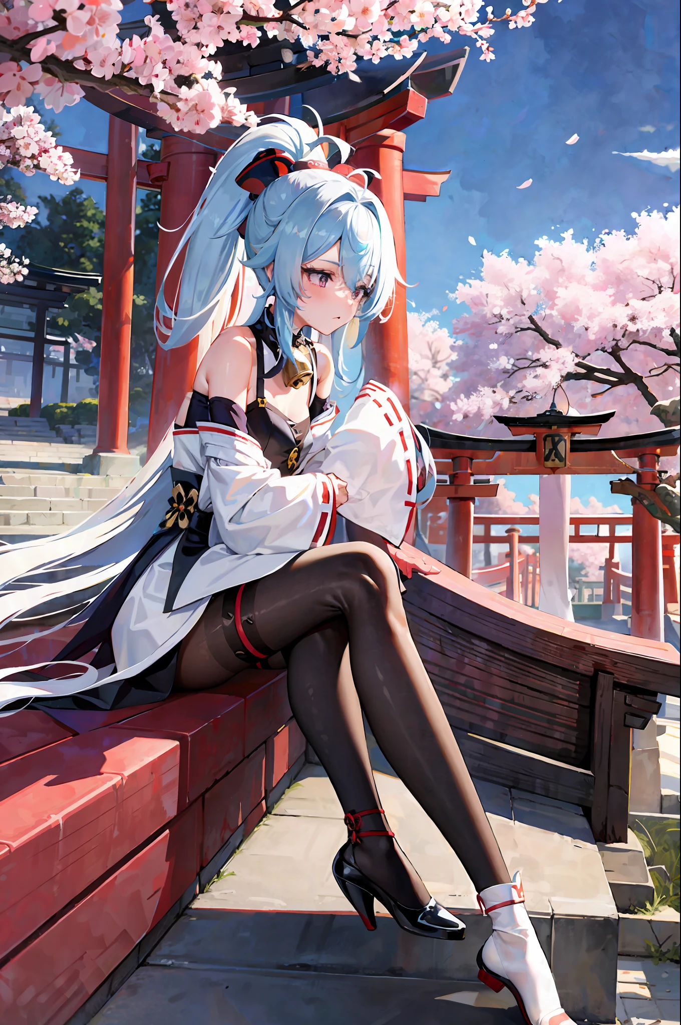 Masterpiece, Best Quality, High Resolution, 1girl, Blue Hair, Long Hair, Extra Long Hair, Ponytail, Bangs, Hair Between Eyes, Side Hair, Ahoge, Goat Horn, Horn, Purple Eyes, Bell, Cowbell, Neckbell, Collar, Split Collar, White Collar, Off-the-Shoulder, Pantyhose, Black Pantyhose, Body Stocking, Bodystocking Under Clothes, Pelvic Curtain, Sleeve Removal, White Sleeves, Long Sleeves, Gold Trim, Mid-Chest, Gloves, Black Glove, Ribbon , leg straps, ankle straps, white footwear, visual (genshin impact), ganyu \ (genshin impact \), outdoor, (East Asian architecture, cherry blossoms, torii, multiple torii gates, stairs), sitting, looking away, viewed from the side,