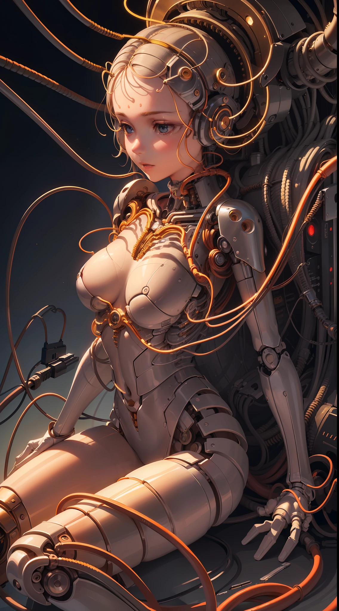 (((masterpiece))), ((((best quality)))), (((ultra-detailed))), (highly detailed CG illustration), ((an extremely delicate and beautiful)),(cute delicate face),cinematic light,((1mechanical girl)),solo,full body,(machine made joints:1.4),((machanical limbs)),(blood vessels connected to tubes),((mechanical vertebra attaching to back)),((mechanical cervial attaching to neck)),((sitting)),expressionless,(wires and cables attaching to head and body:1.5),(character focus),science fiction