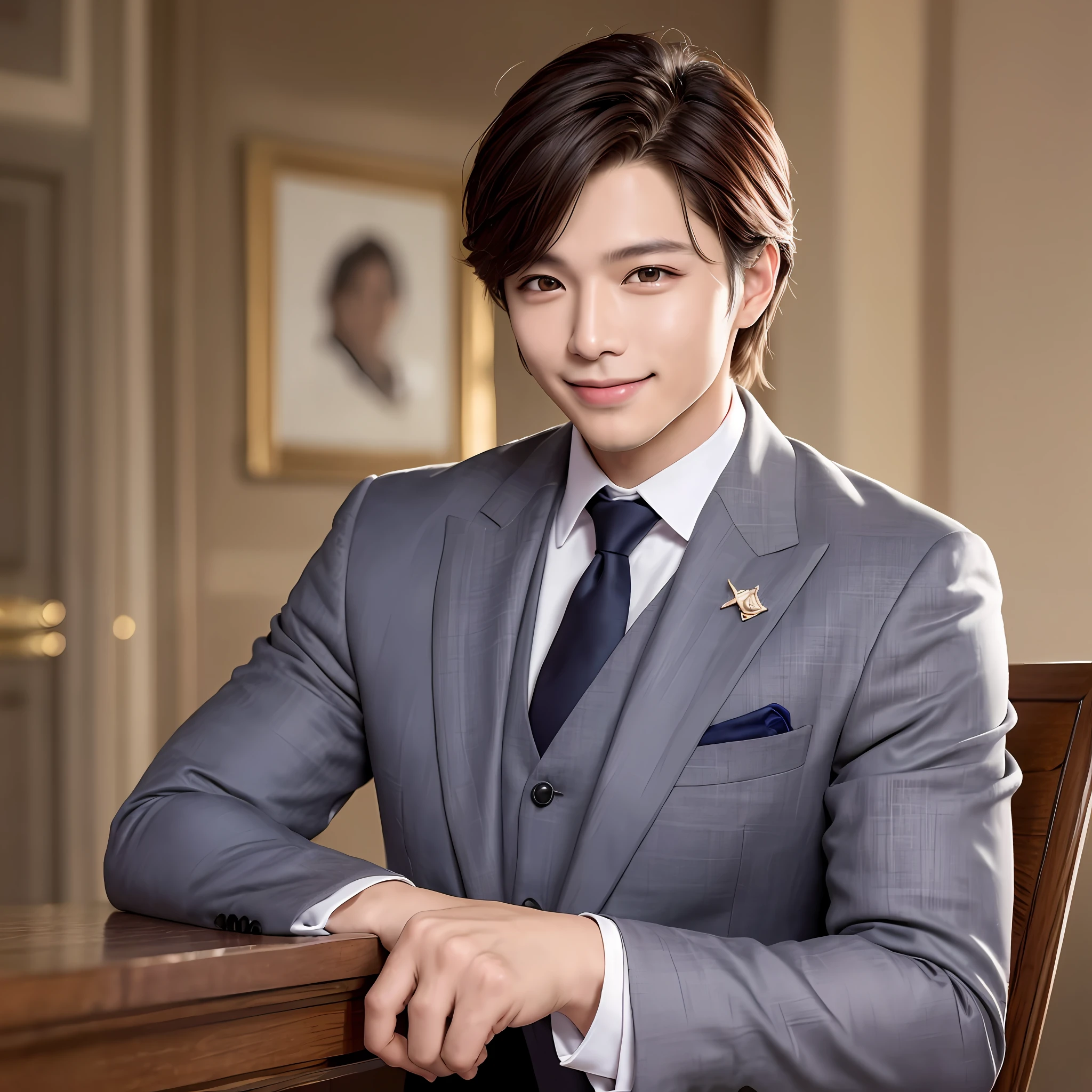 handsome, male idol, men only, masterpiece, best quality, 8k, realistic photo, smile, johnny's, wearing suit