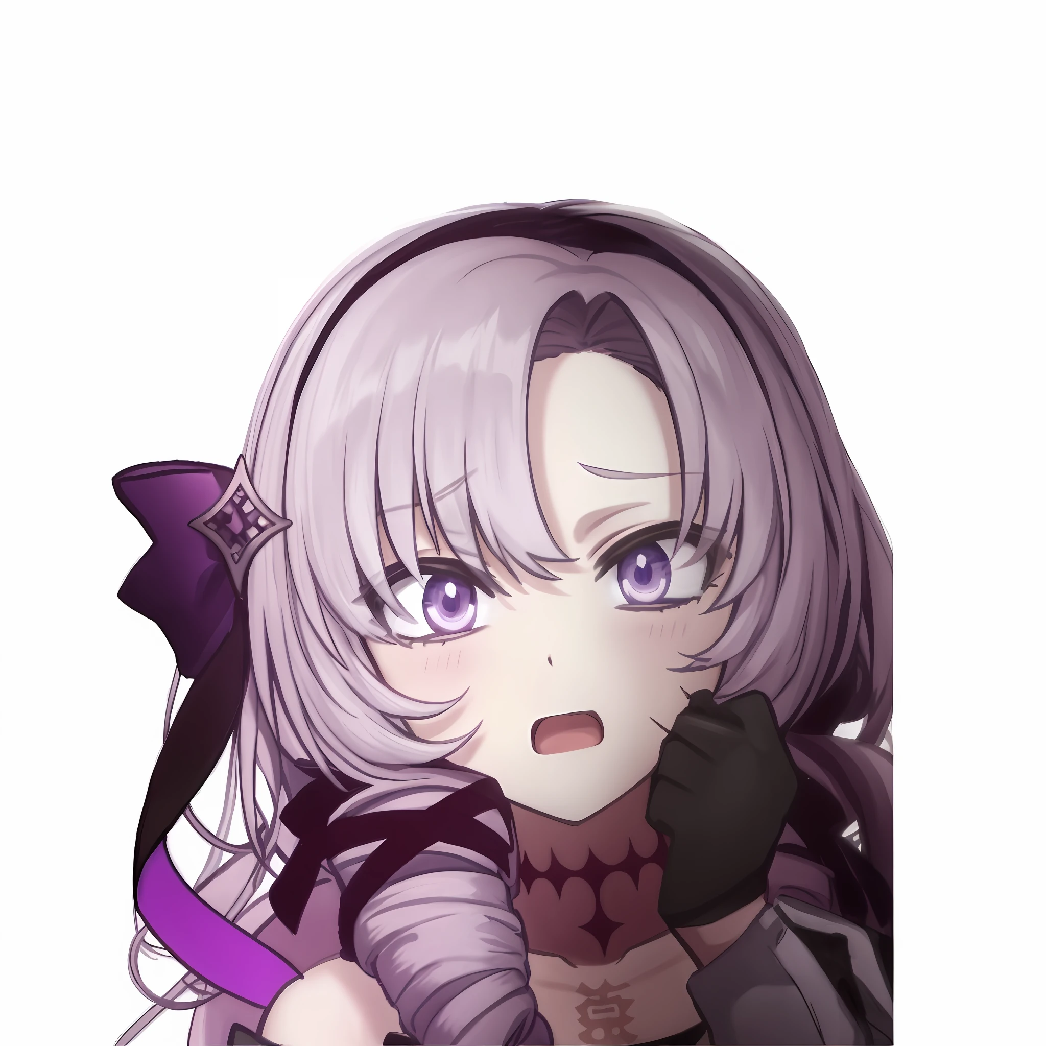 scared expression, anxious face, panic, scared, open mouth, drill hair, purple ribbon, purple eyes, lilac hair, off-shoulder