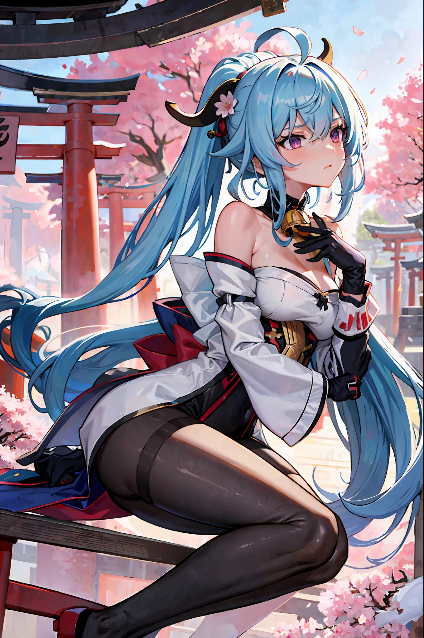 Masterpiece, Best Quality, High Resolution, 1girl, Blue Hair, Long Hair, Extra Long Hair, Ponytail, Bangs, Hair Between Eyes, Side Hair, Ahoge, Goat Horn, Horn, Purple Eyes, Bell, Cowbell, Neckbell, Collar, Split Collar, White Collar, Off-the-Shoulder, Pantyhose, Black Pantyhose, Body Stocking, Bodystocking Under Clothes, Pelvic Curtain, Sleeve Removal, White Sleeves, Long Sleeves, Gold Trim, Mid-Chest, Gloves, Black Glove, Ribbon , leg straps, ankle straps, white footwear, visual (genshin impact), ganyu \ (genshin impact \), outdoor, (East Asian architecture, cherry blossoms, torii, multiple torii gates, stairs), sitting, looking away, viewed from the side,