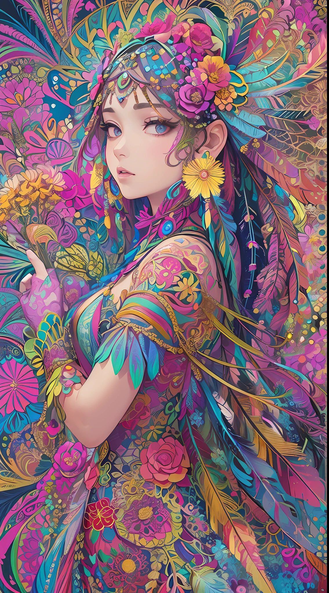 (masterpiece, top quality, best quality, official art, beautiful and aesthetic:1.2), (1girl:1.3), extremely detailed,(fractal art:1.1),(colorful:1.1)(flowers:1.3),highest detailed,(zentangle:1.2), (dynamic pose), (abstract background:1.3), (shiny skin), (many colors:1.4), ,(earrings:1.4), (feathers:1.4)